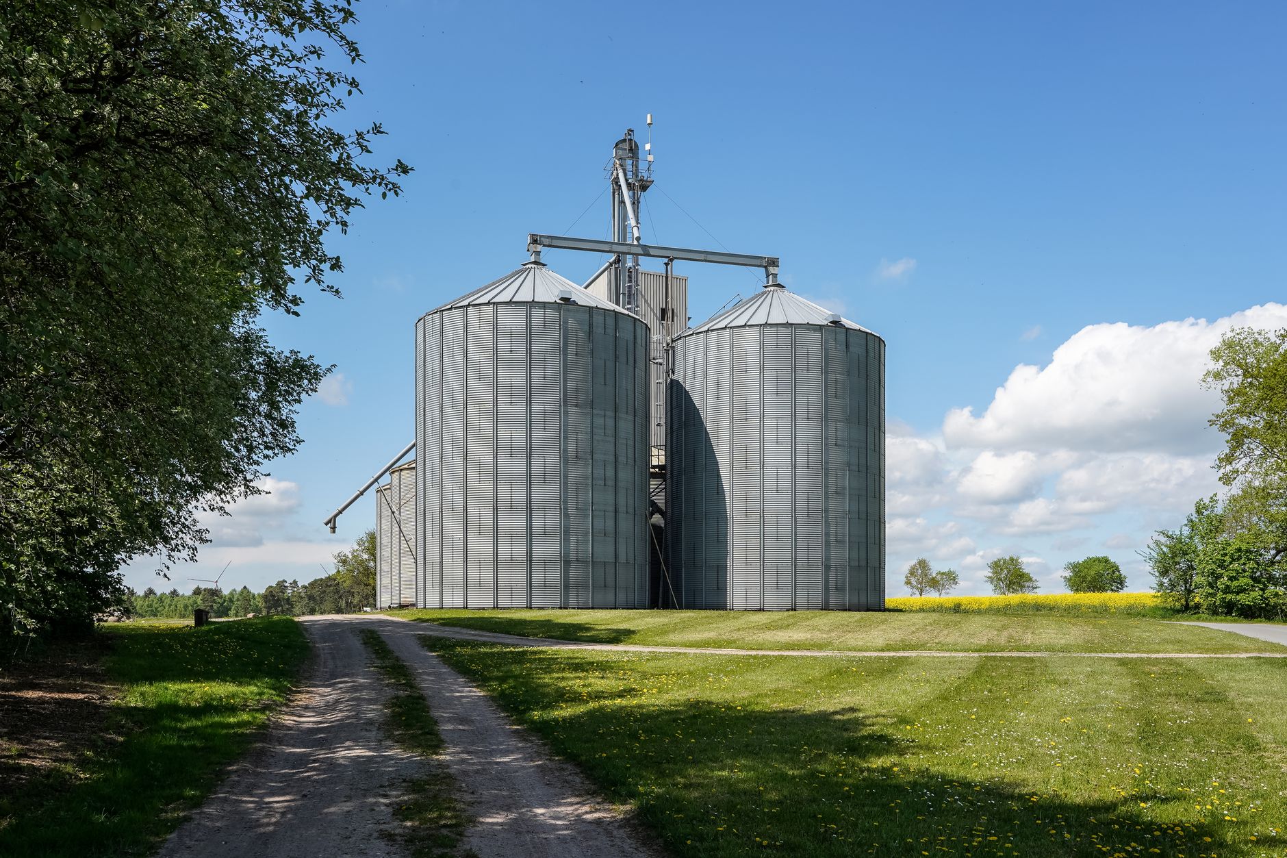 Rural grain silos with blue skies in Gülzow, Schleswig-Holstein, Germany.