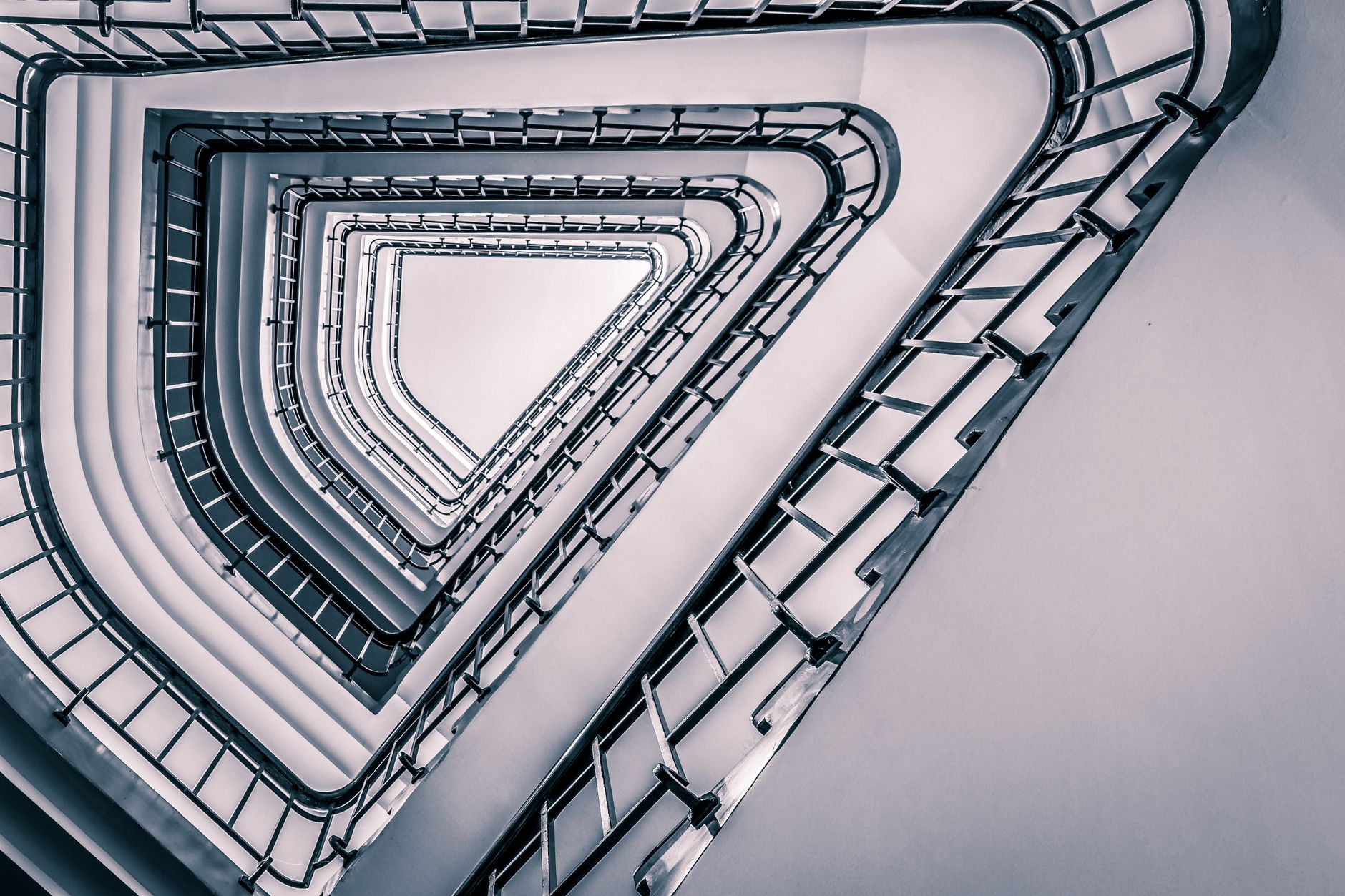 An abstract view of a modernist staircase with geometric patterns in Hamburg.
