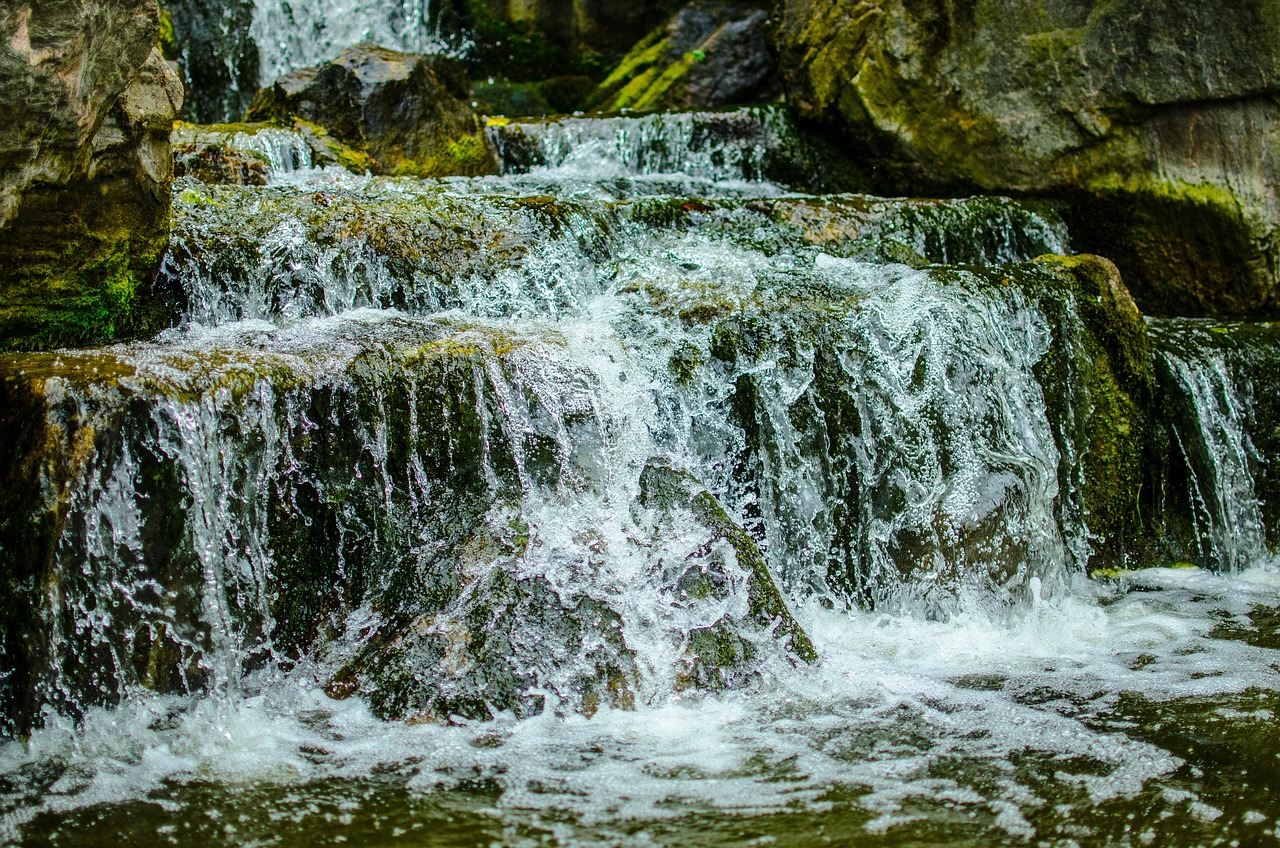 waterfall, water, moss, stone, flow, landscape, japanese garden in london, nature