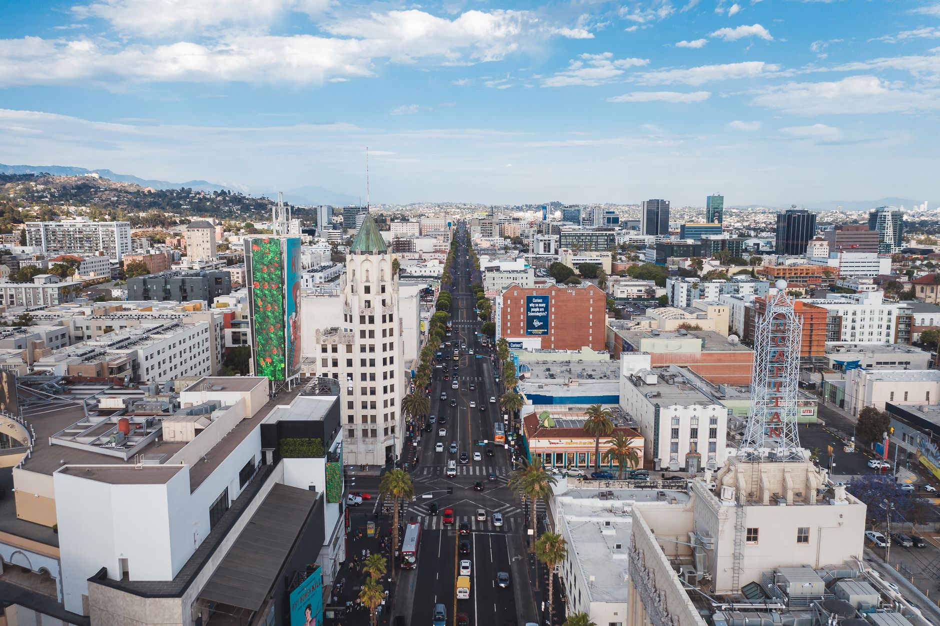 A captivating aerial shot of Hollywood Boulevard showcasing Los Angeles skyline and iconic architecture.