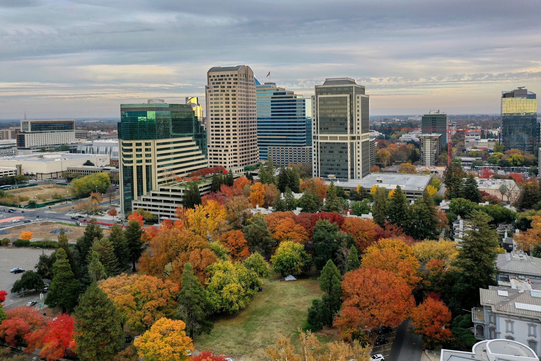 Stunning aerial view of Sacramento's skyline with vibrant fall foliage in the foreground.