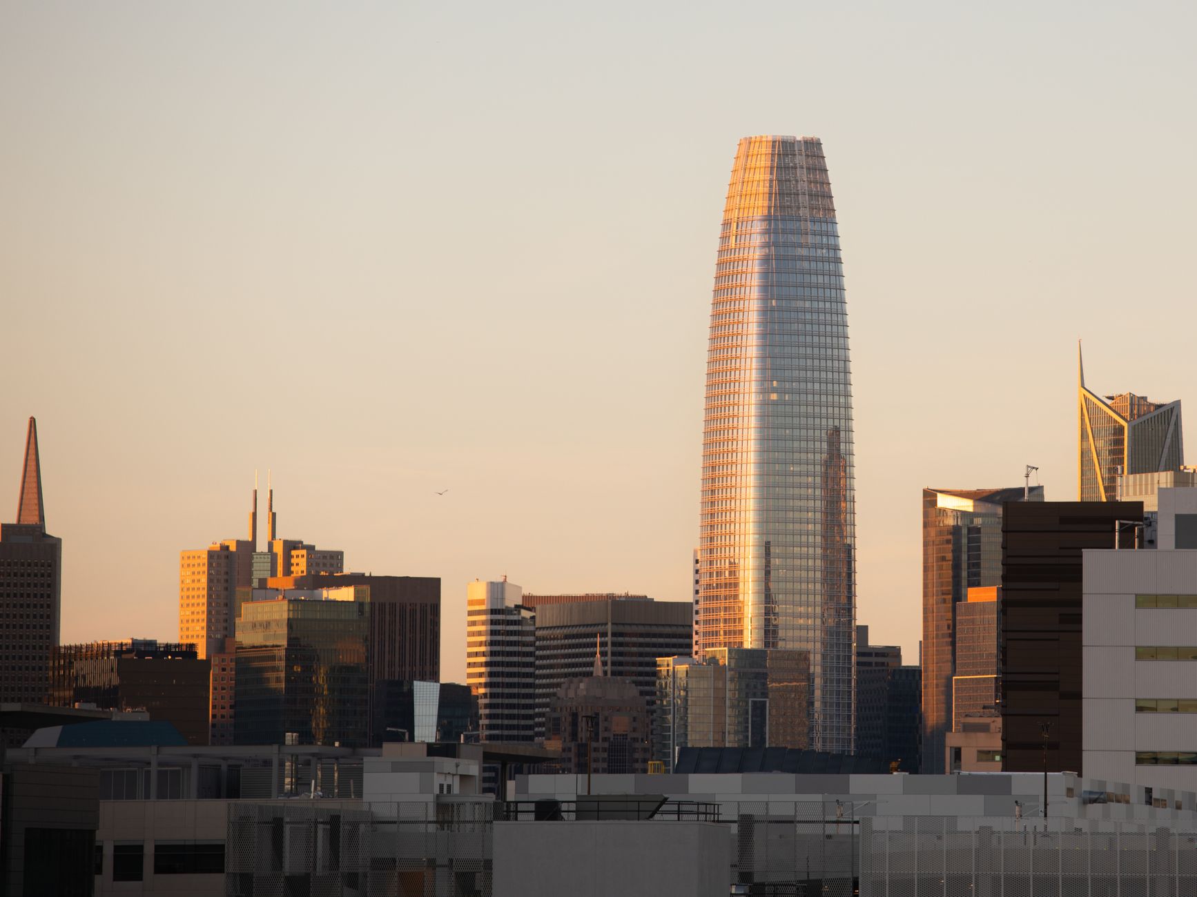 San Francisco skyline featuring modern skyscrapers at sunset, highlighting Salesforce Tower.