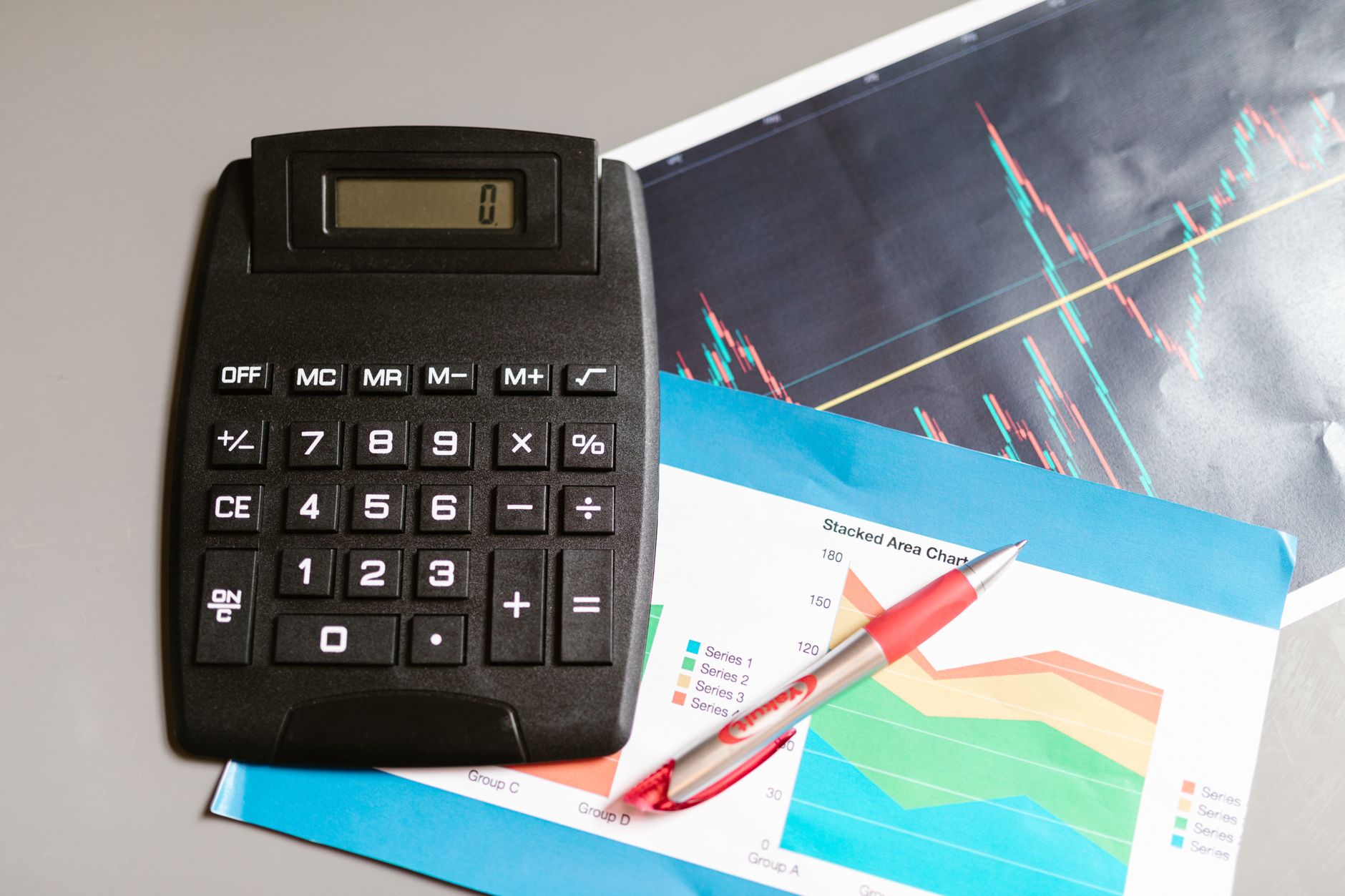 Calculator and pen on a desk with financial charts, showcasing analysis and business planning.