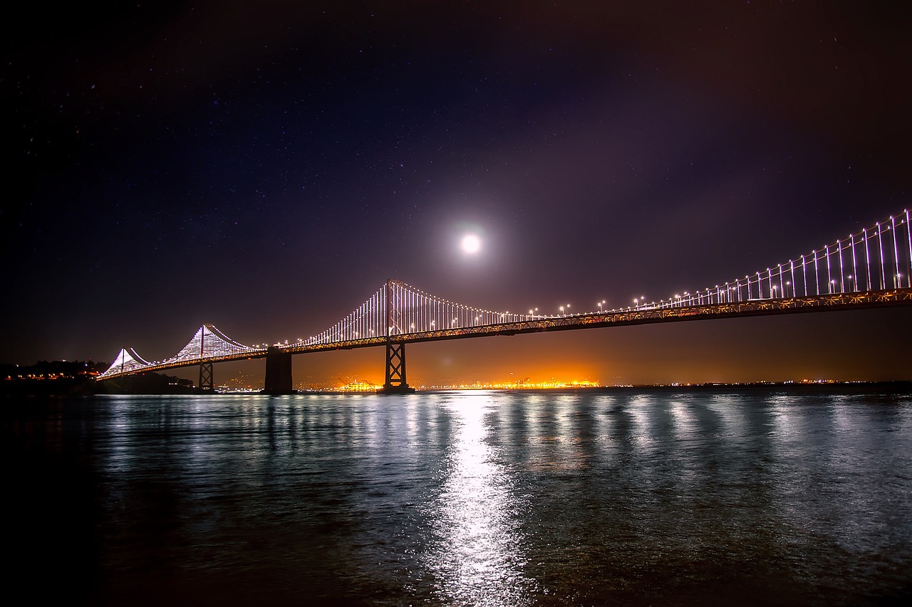 san francisco, oakland, bay bridge, water, reflections, moon, moonlight, harbor, night, nature, evening, dark, landmark, historic, architecture, beautiful, hdr