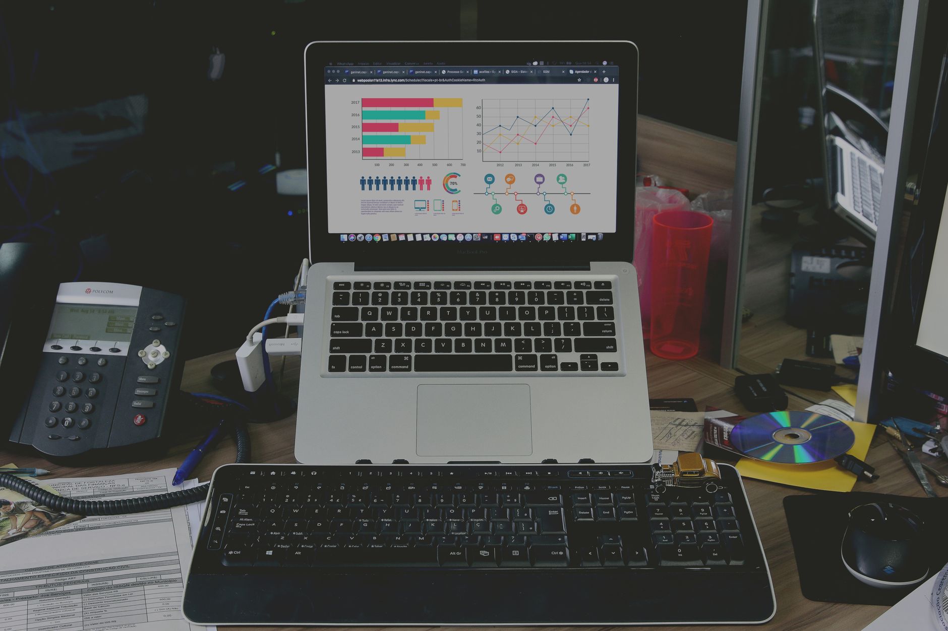 A tidy workspace featuring a laptop displaying colorful data graphs, illustrating a tech-savvy environment.
