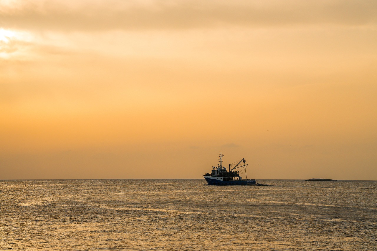 ship, sea, boat, sunset, eve, crawler, fishing, nature, fisherman