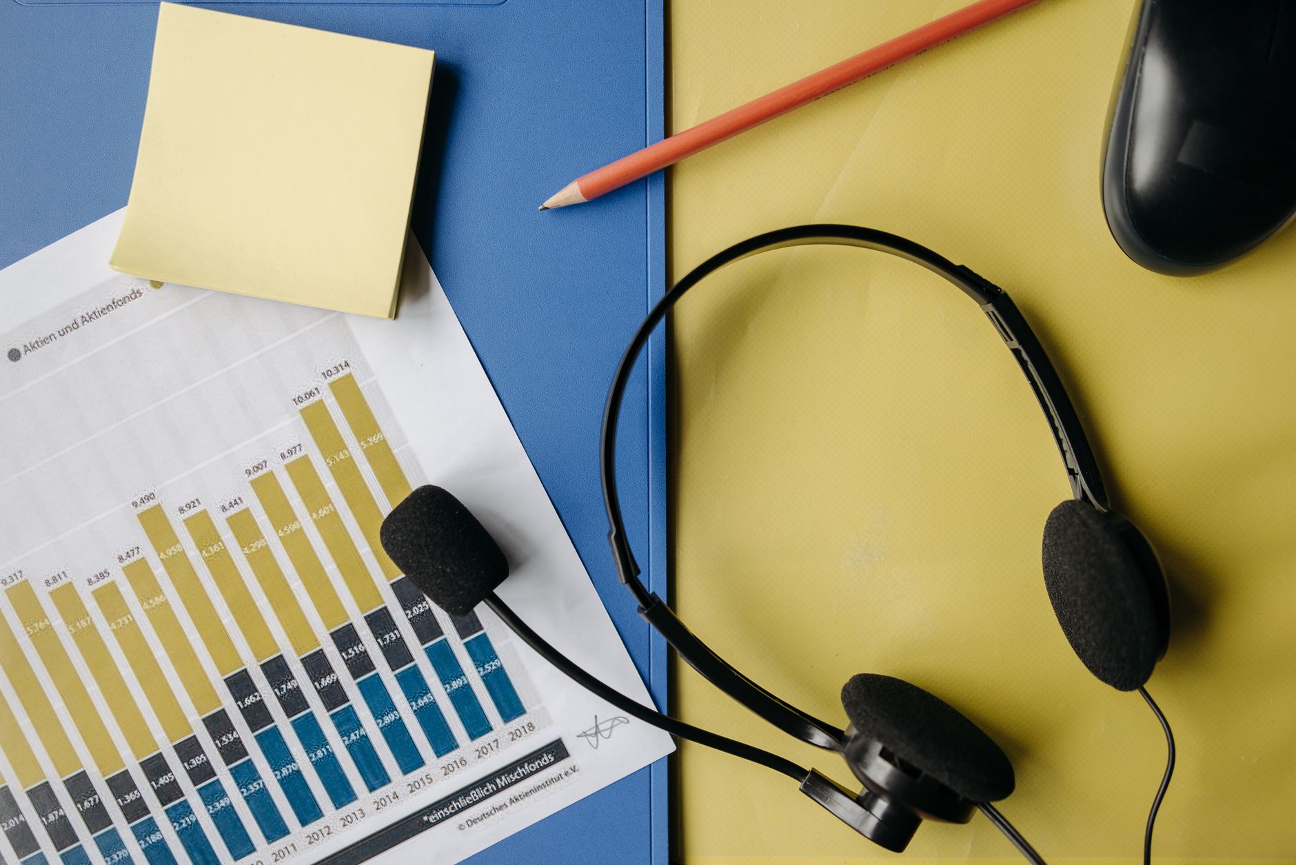 A flat lay image depicting an office desk with a headset, chart, and stationery for business use.