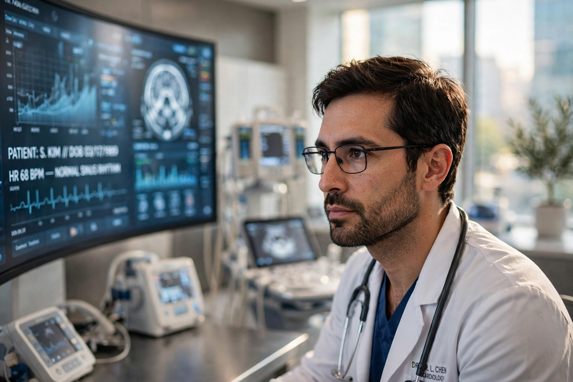 Modern medical office with digital screens and high-tech diagnostics equipment