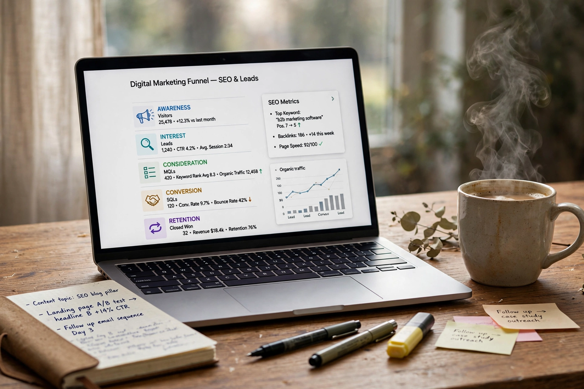 Illustration of a lead generation funnel from organic traffic to sales