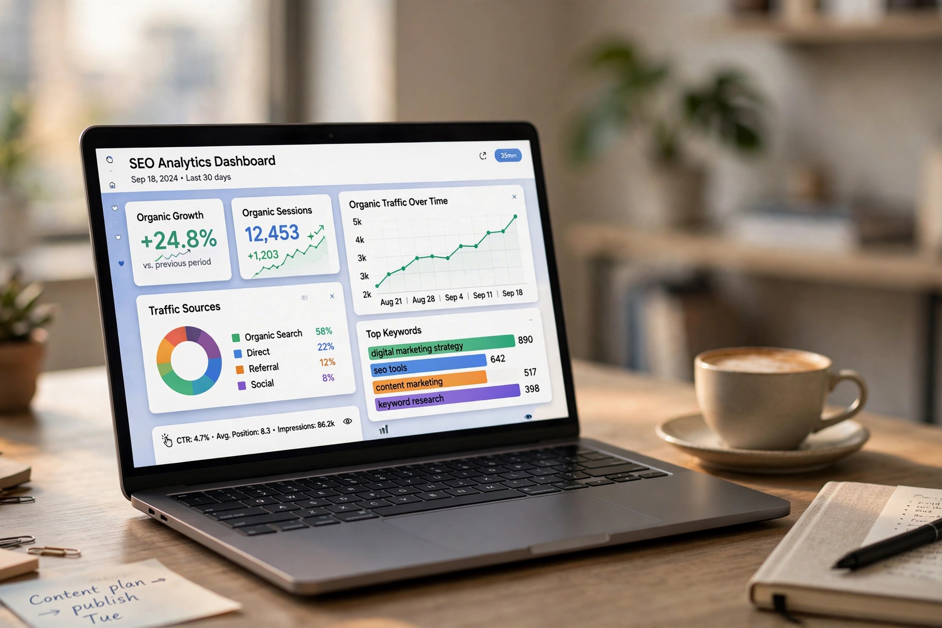 Modern SEO analytics dashboard showing organic growth trends in 2026