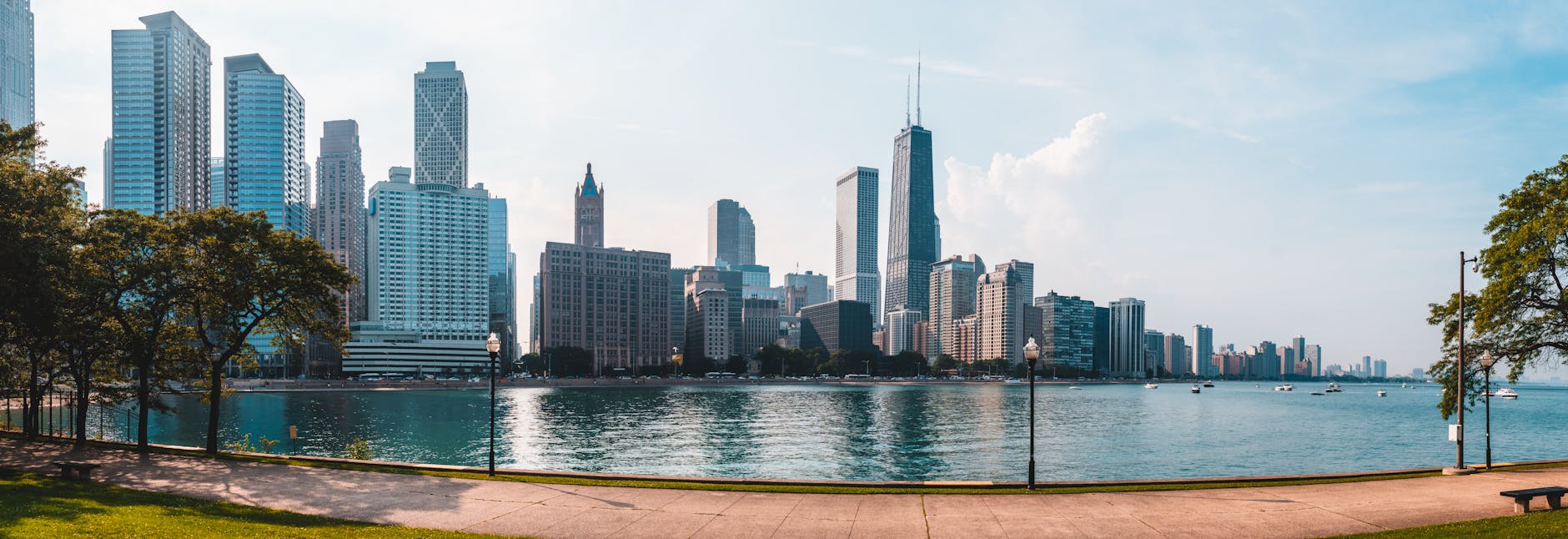 Chicago skyline with business professionals meeting