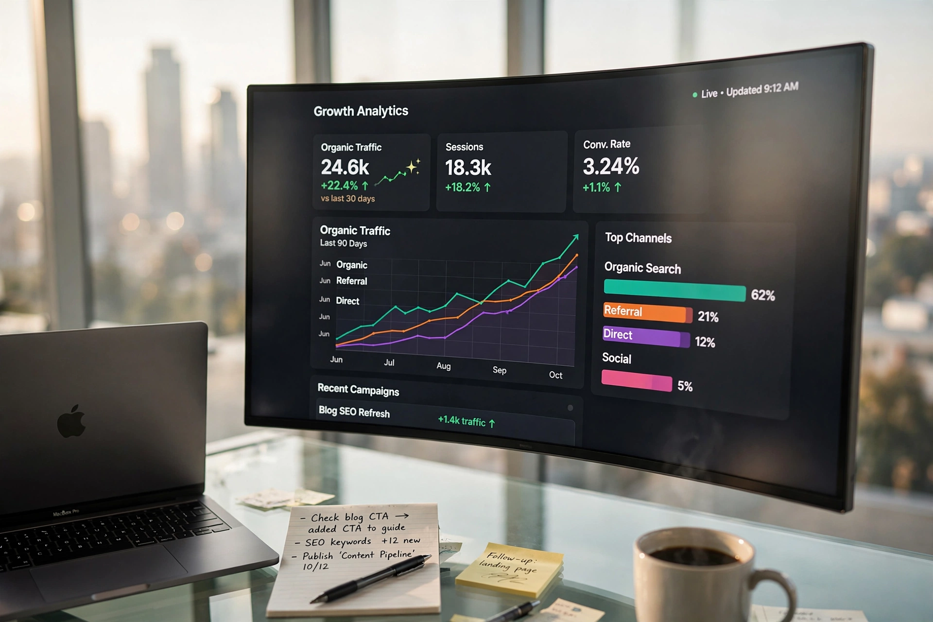 SaaS content scaling performance dashboard showing organic traffic growth