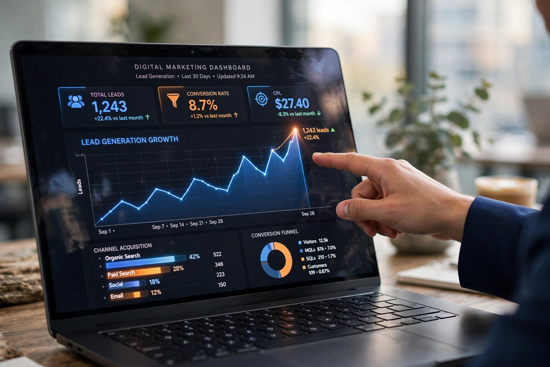 Professional dashboard displaying AI lead generation metrics and growth charts