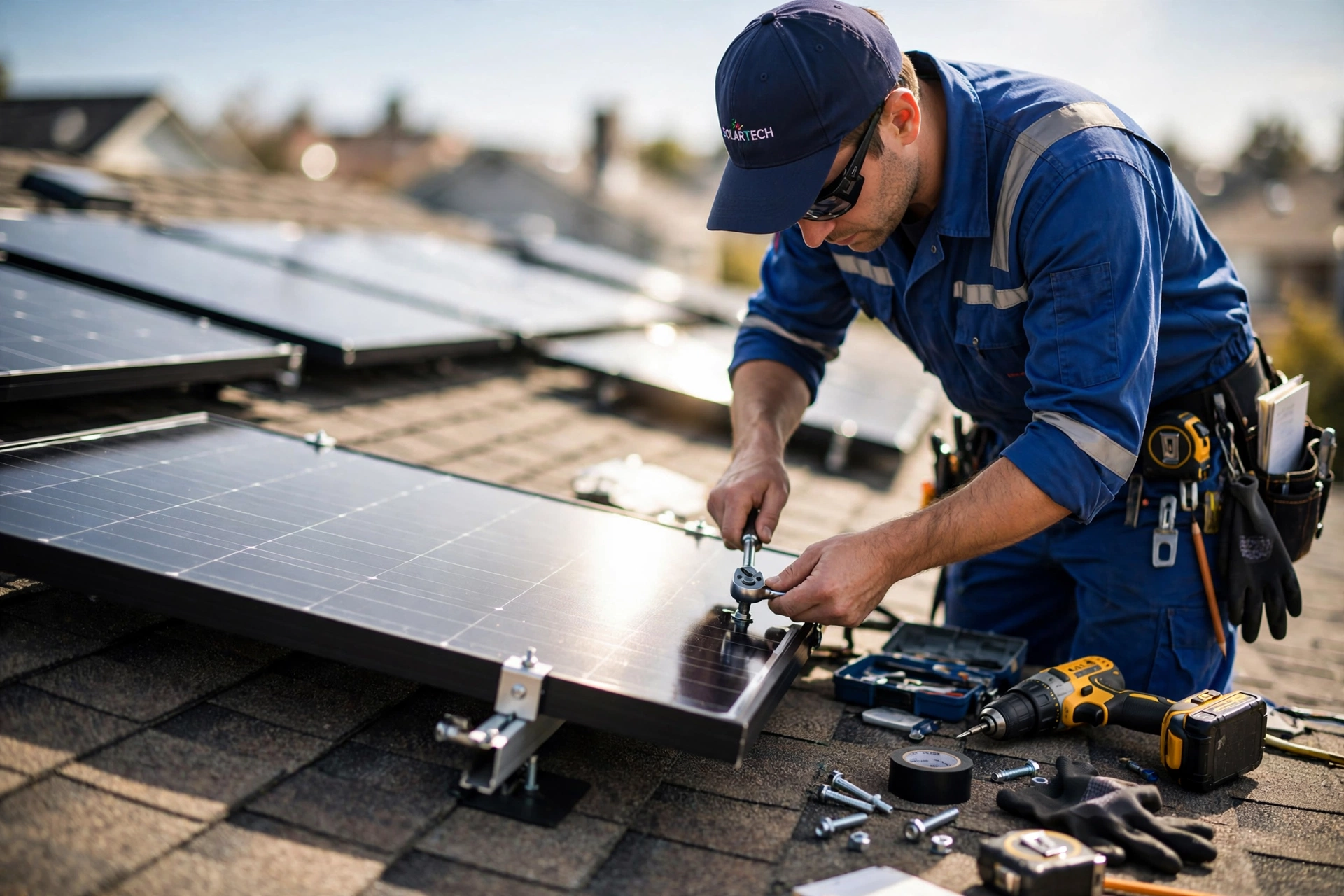 Professional installation of solar panels on a modern residential roof