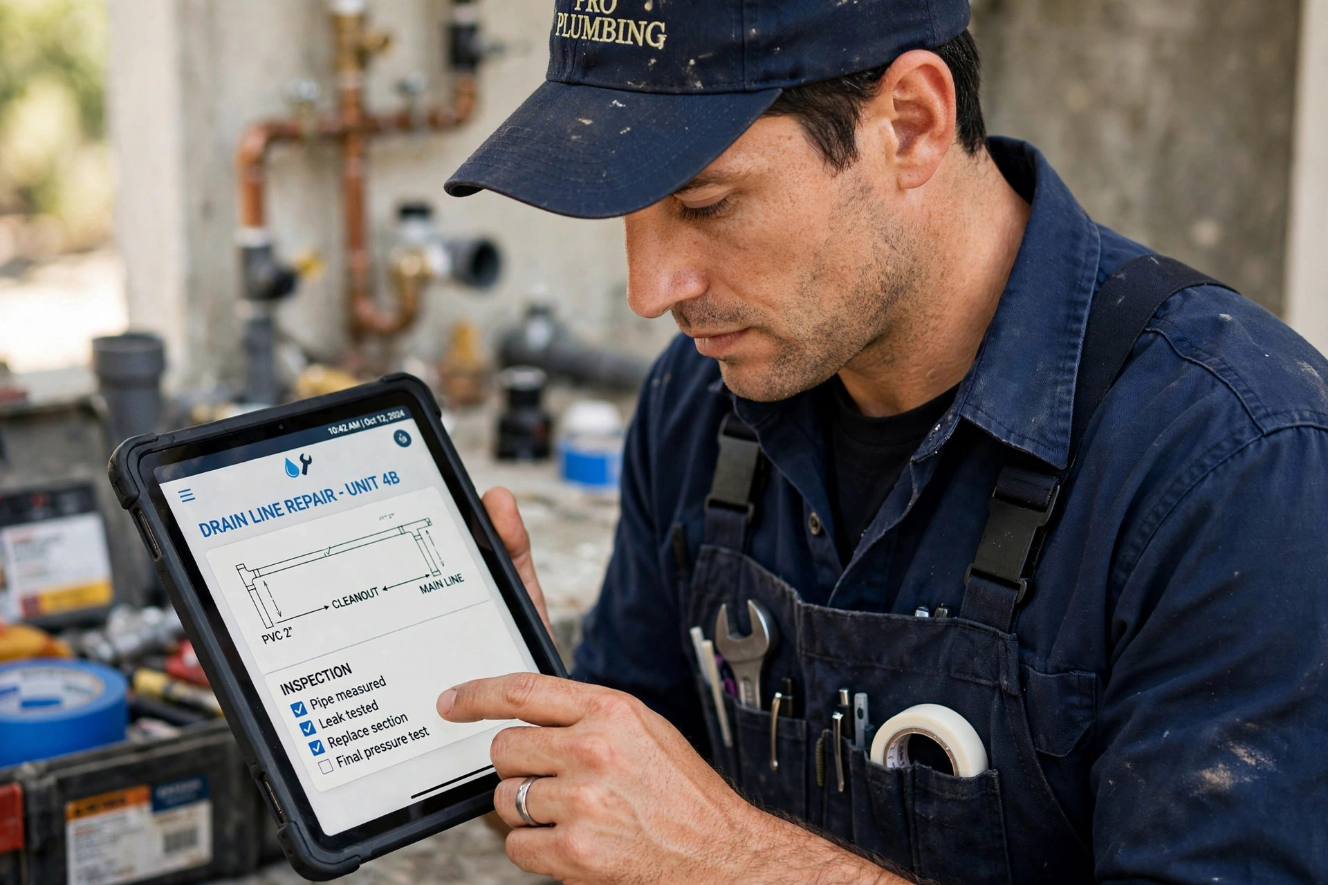 Professional plumber using a digital tablet to manage leads on a job site