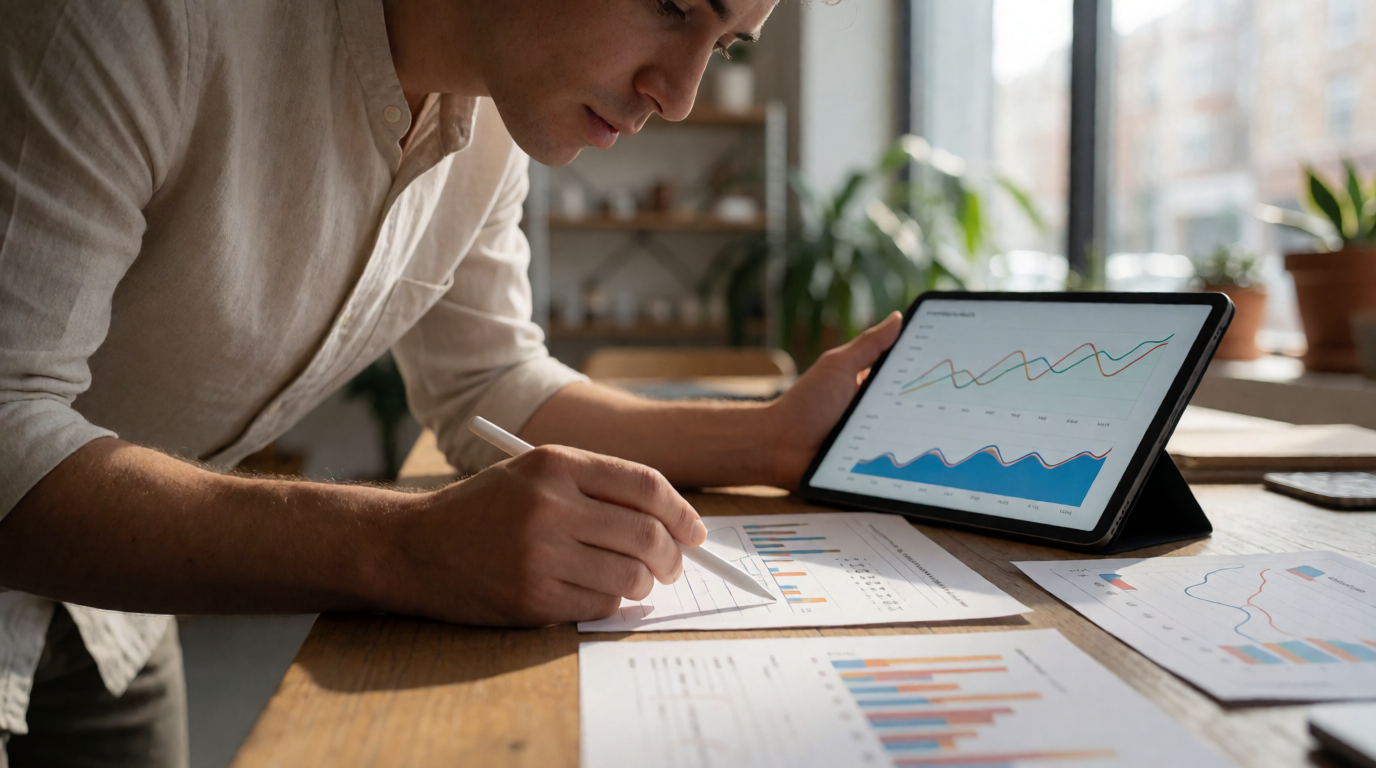 Small business owner reviewing chatbot analytics dashboard on a laptop