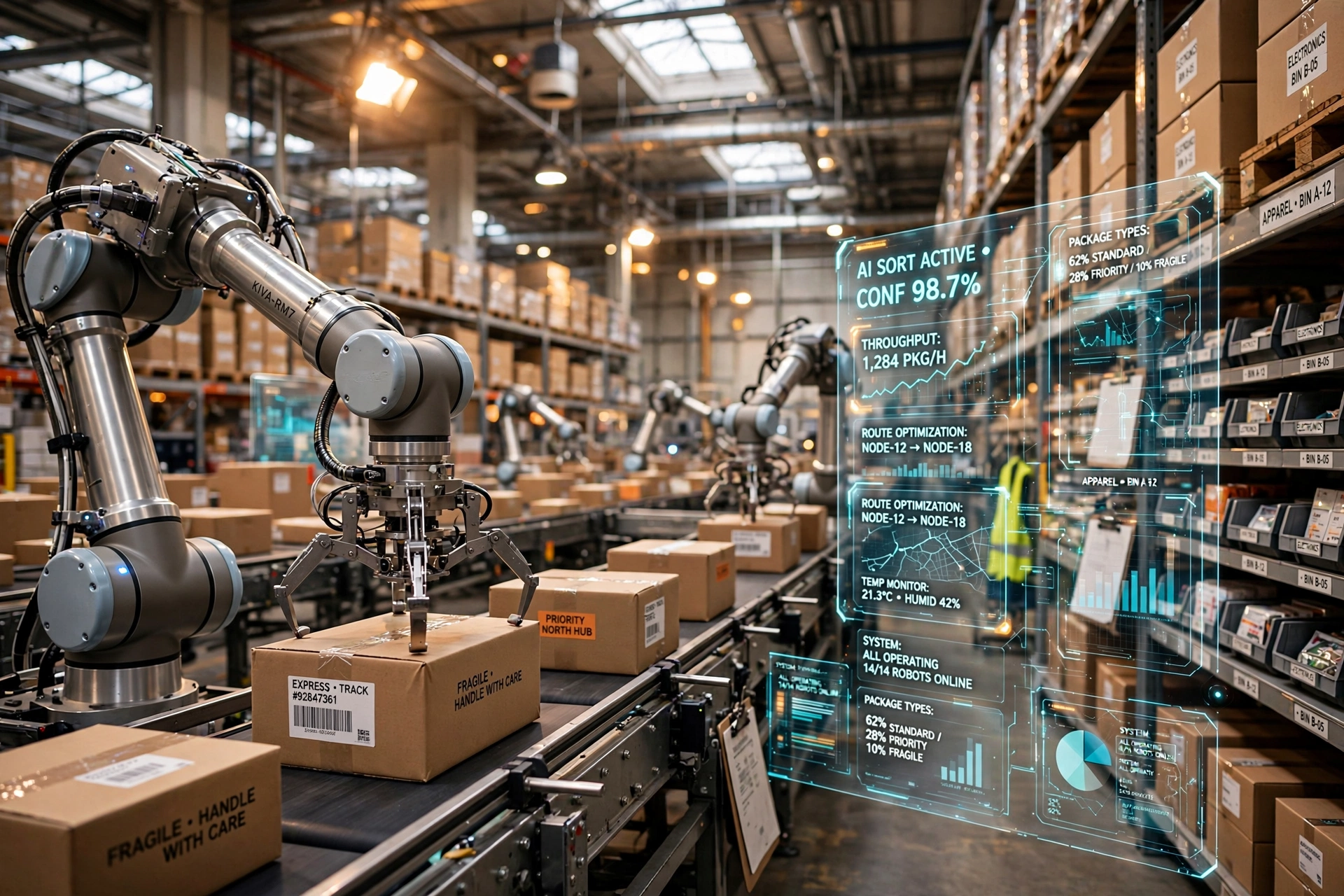 High-tech logistics warehouse featuring artificial intelligence data overlays and automated systems