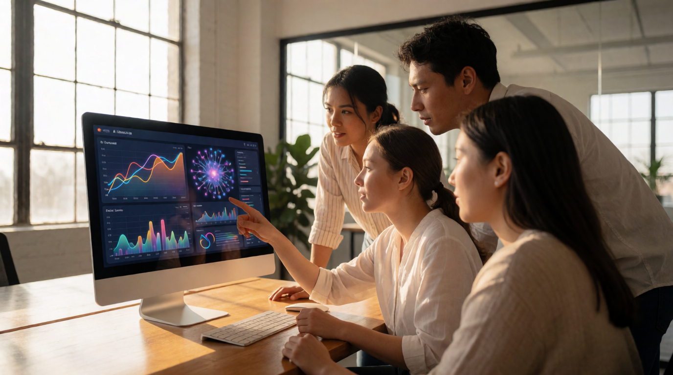 Equipe de vendas analisando painel de inteligência artificial em escritório em Denver
