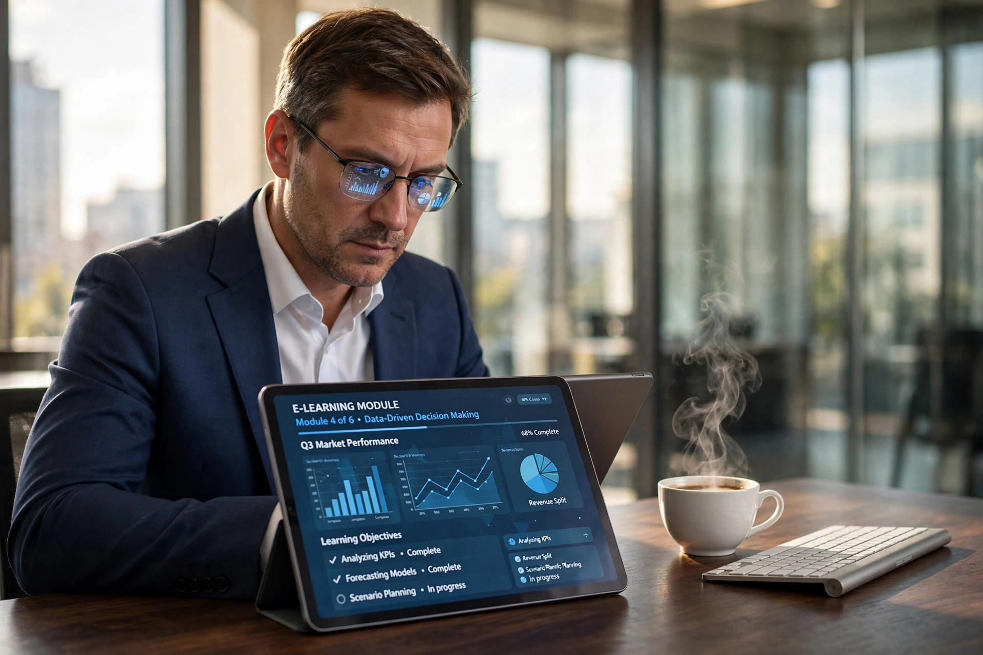 Corporate executive reviewing e-learning platform on a tablet in a modern office