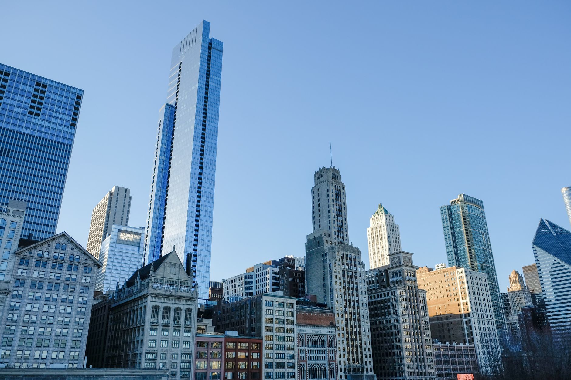 Chicago skyline with professionals having a business meeting