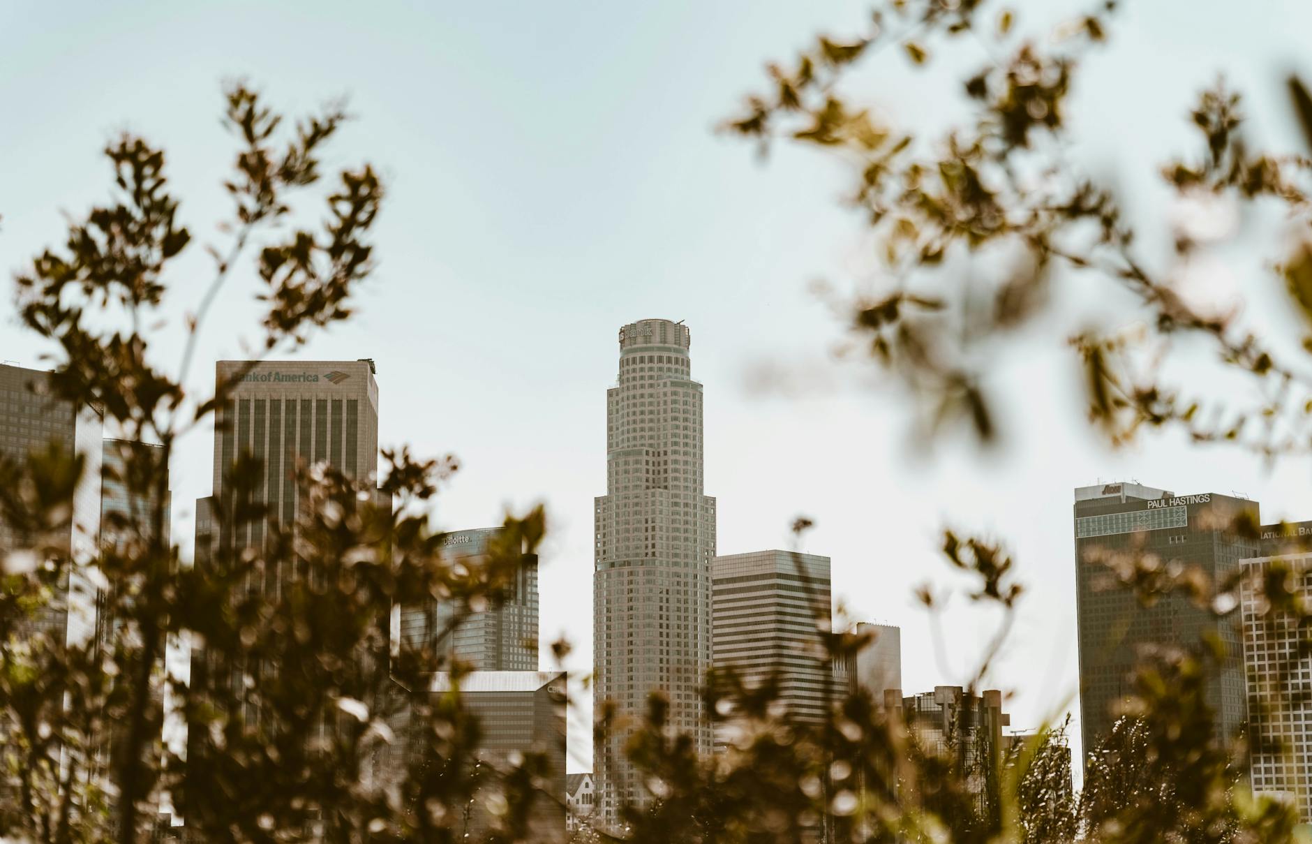 Los Angeles skyline with business professionals in meeting