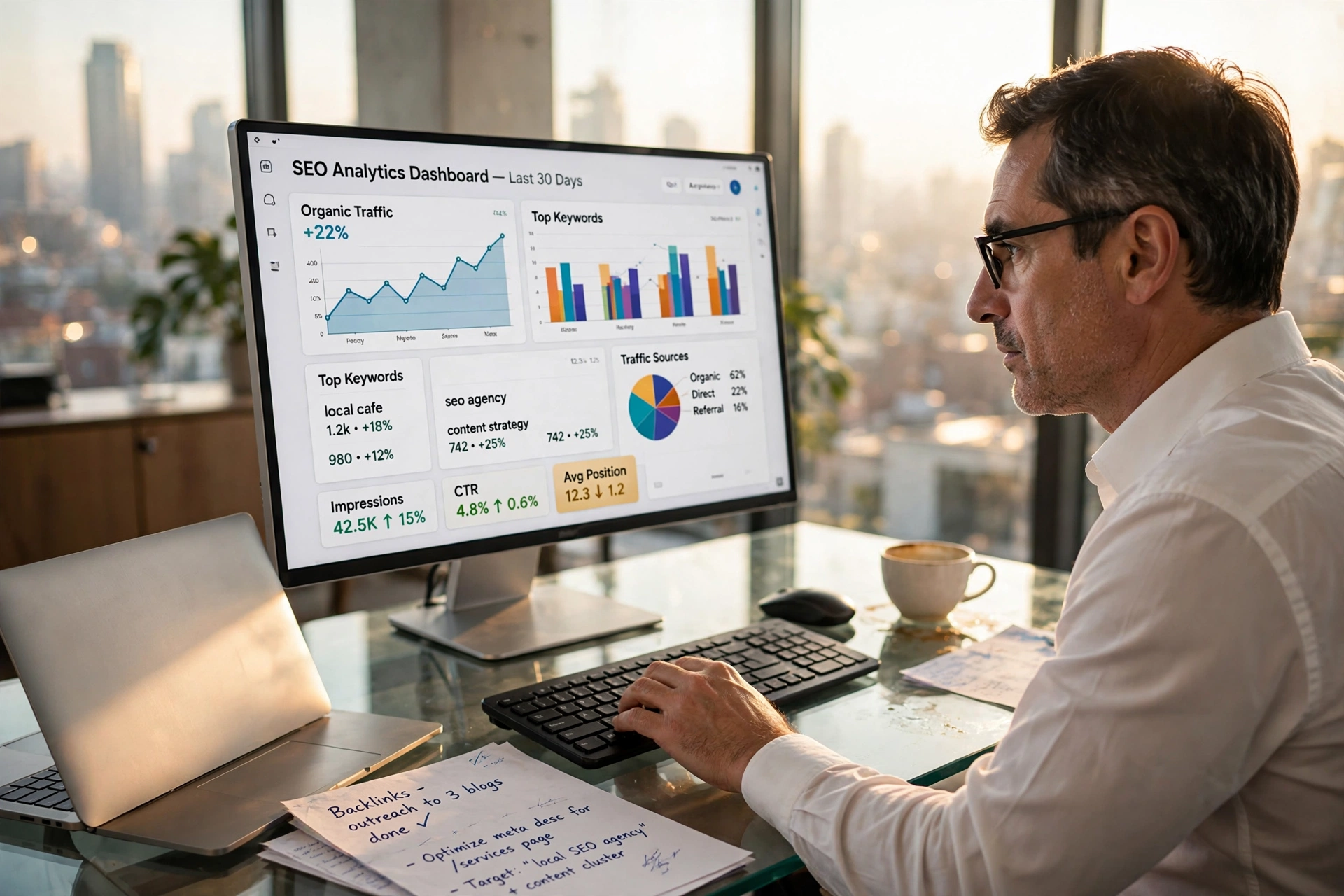 Professional analyzing organic traffic growth charts on a computer screen