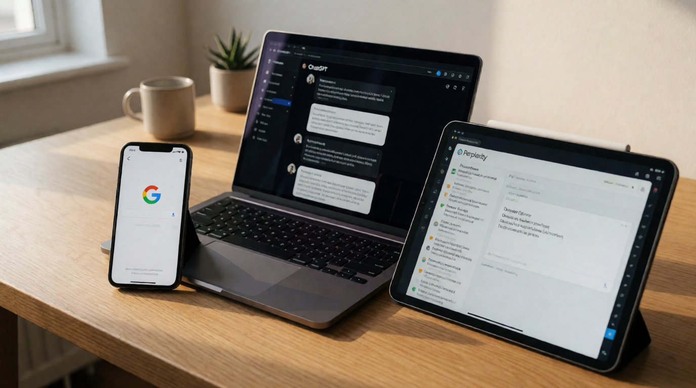 Ecossistema de busca com IA mostrando Google, ChatGPT, Perplexity em dispositivos variados
