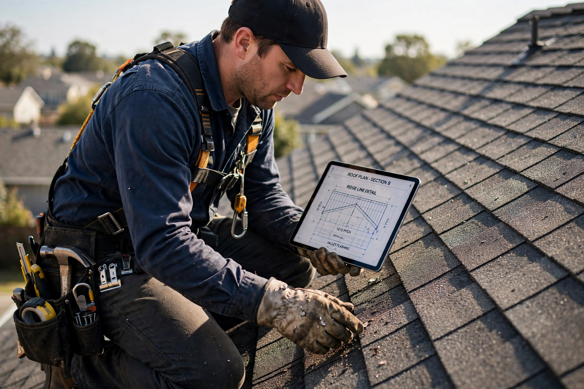 Professional roofing contractor inspecting a residential roof with a tablet