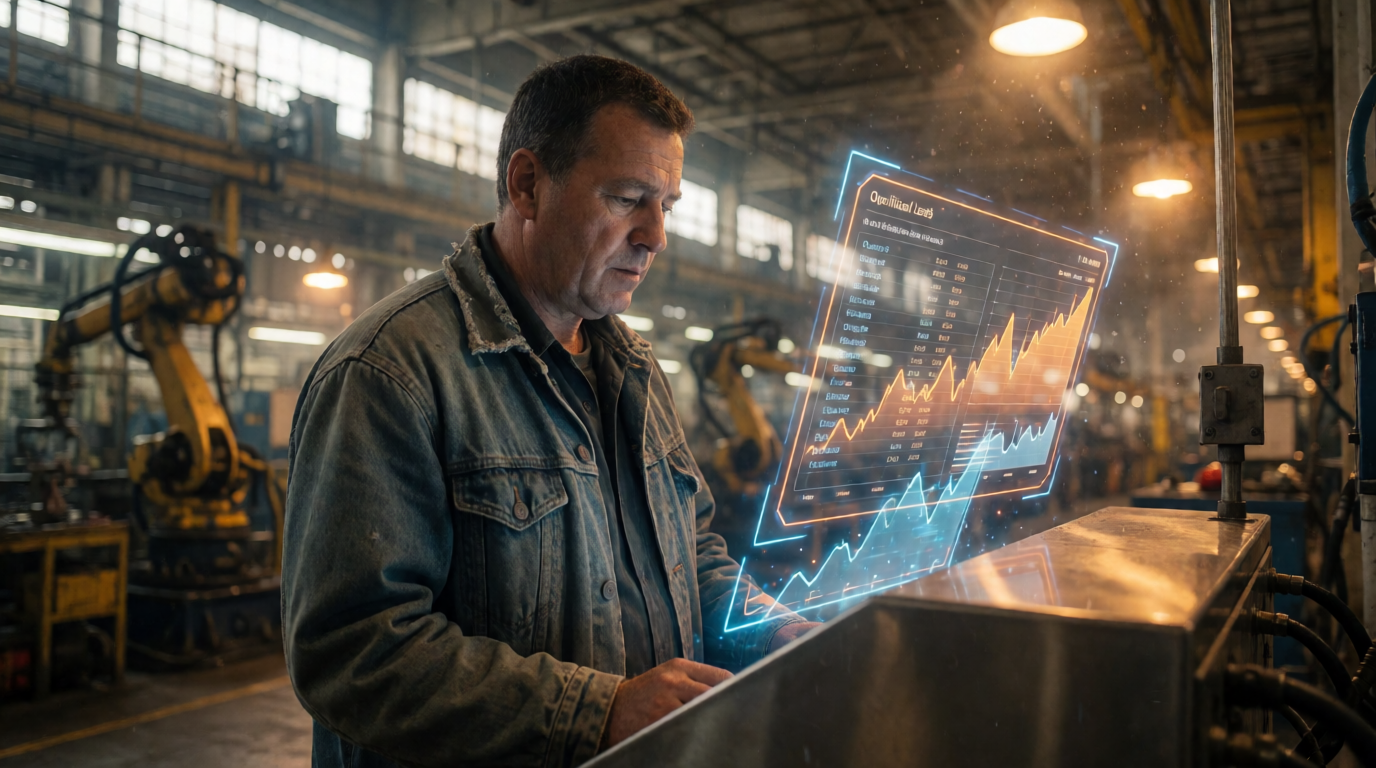 Painel de controle de IA em fábrica de Detroit mostrando leads qualificados