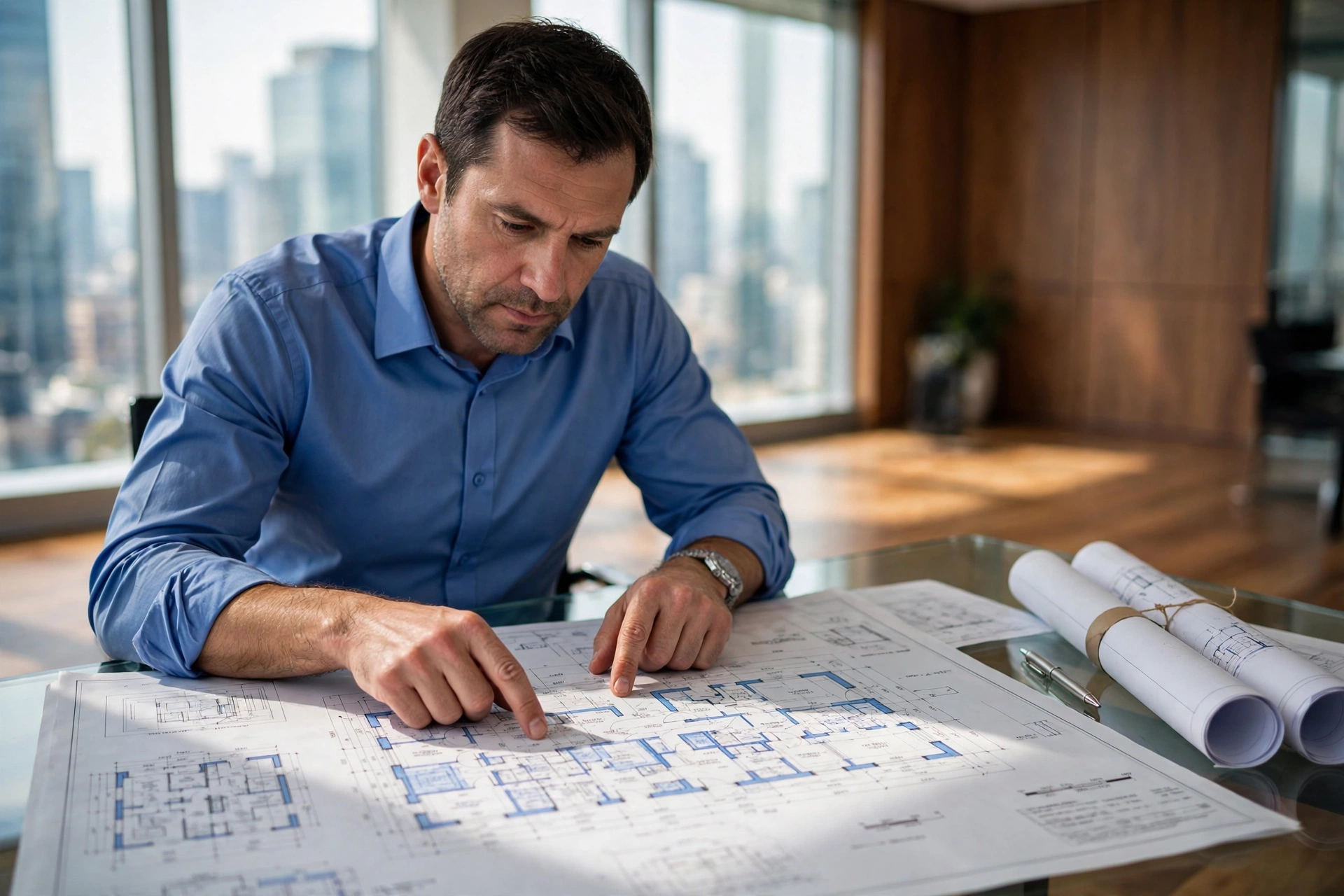 Professional contractor reviewing blueprints in a modern office setting