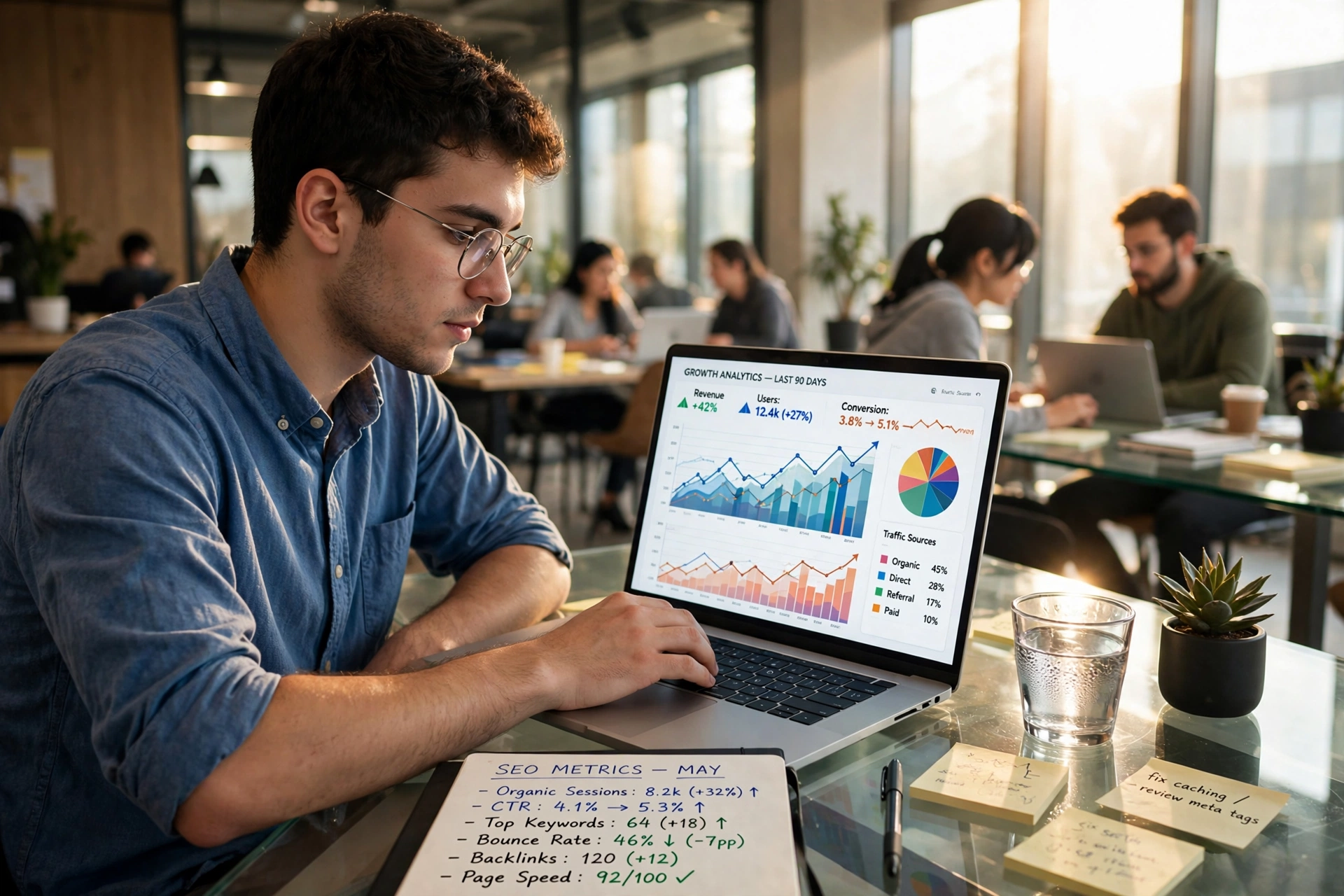 Data analyst reviewing organic growth metrics on a computer screen