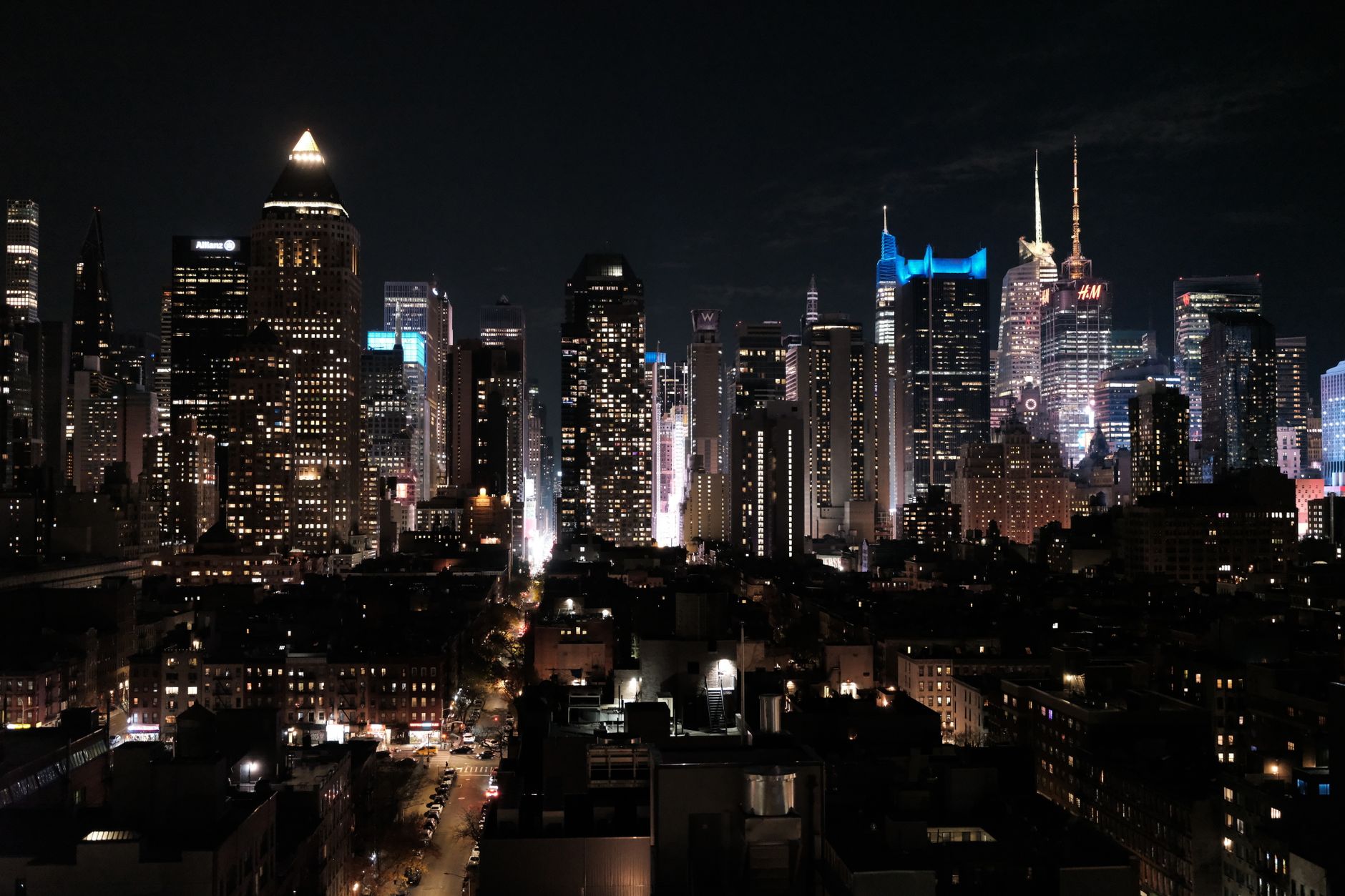 Manhattan financial district illuminated with office lights after hours