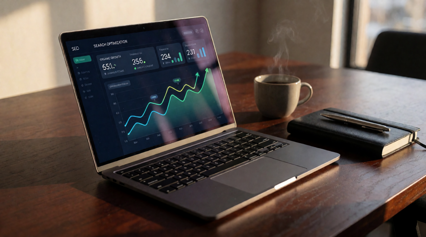 Dashboard profissional de SEO mostrando crescimento de tráfego