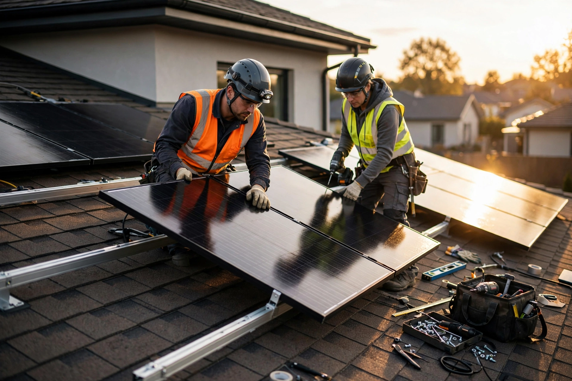 Professional installation of solar panels on a modern residential home roof