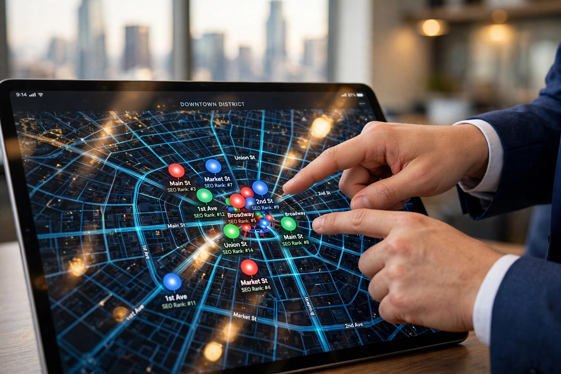 A digital map showing local SEO ranking markers across a city metropolitan area