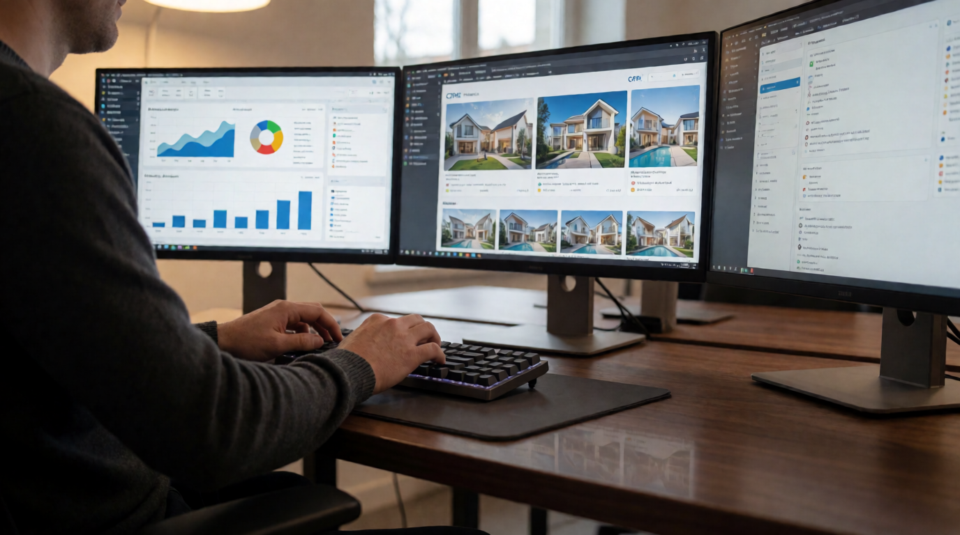 Especialista técnico configurando CRM imobiliário em ambiente com múltiplos monitores