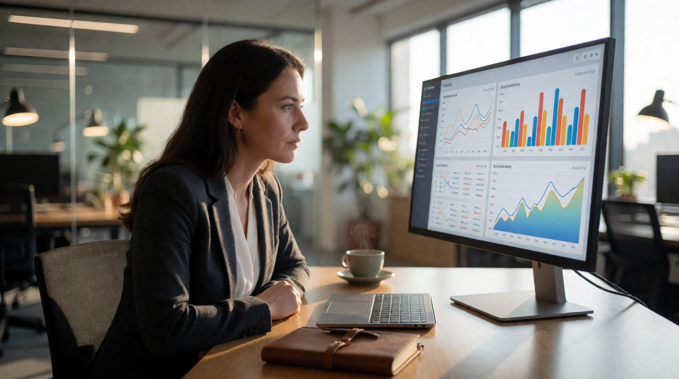 Professional analyst reviewing buyer intent data and conversion metrics on a screen