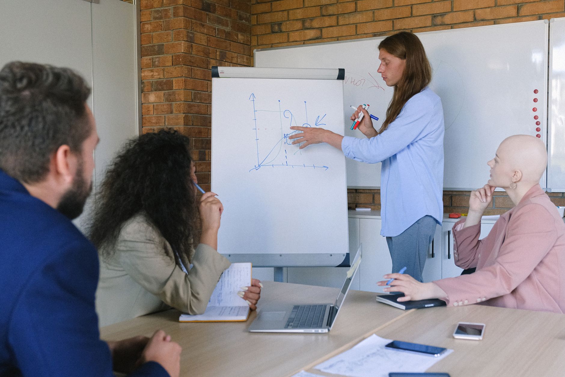 Equipe de SEO em reunião com laptops e quadro branco