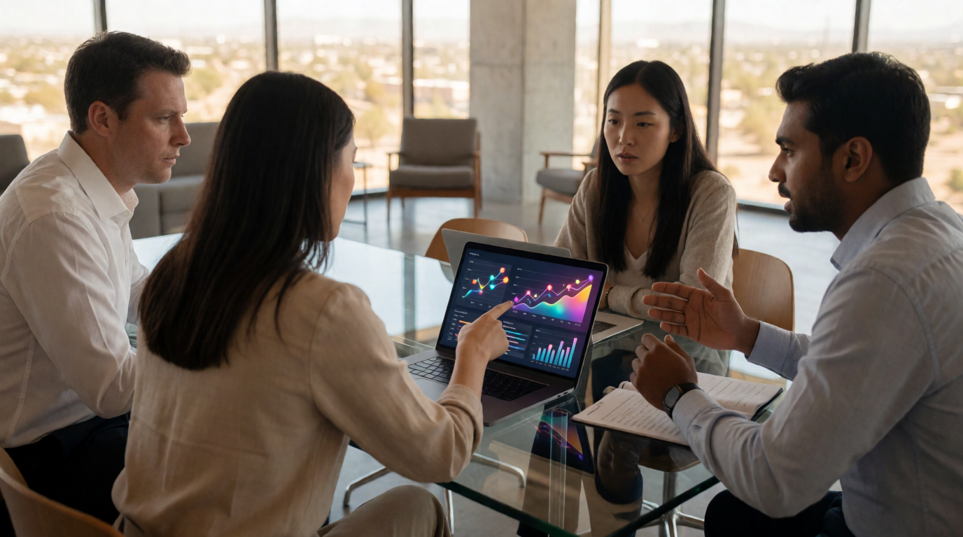 Equipe de negócios discutindo previsão de vendas com IA em Phoenix