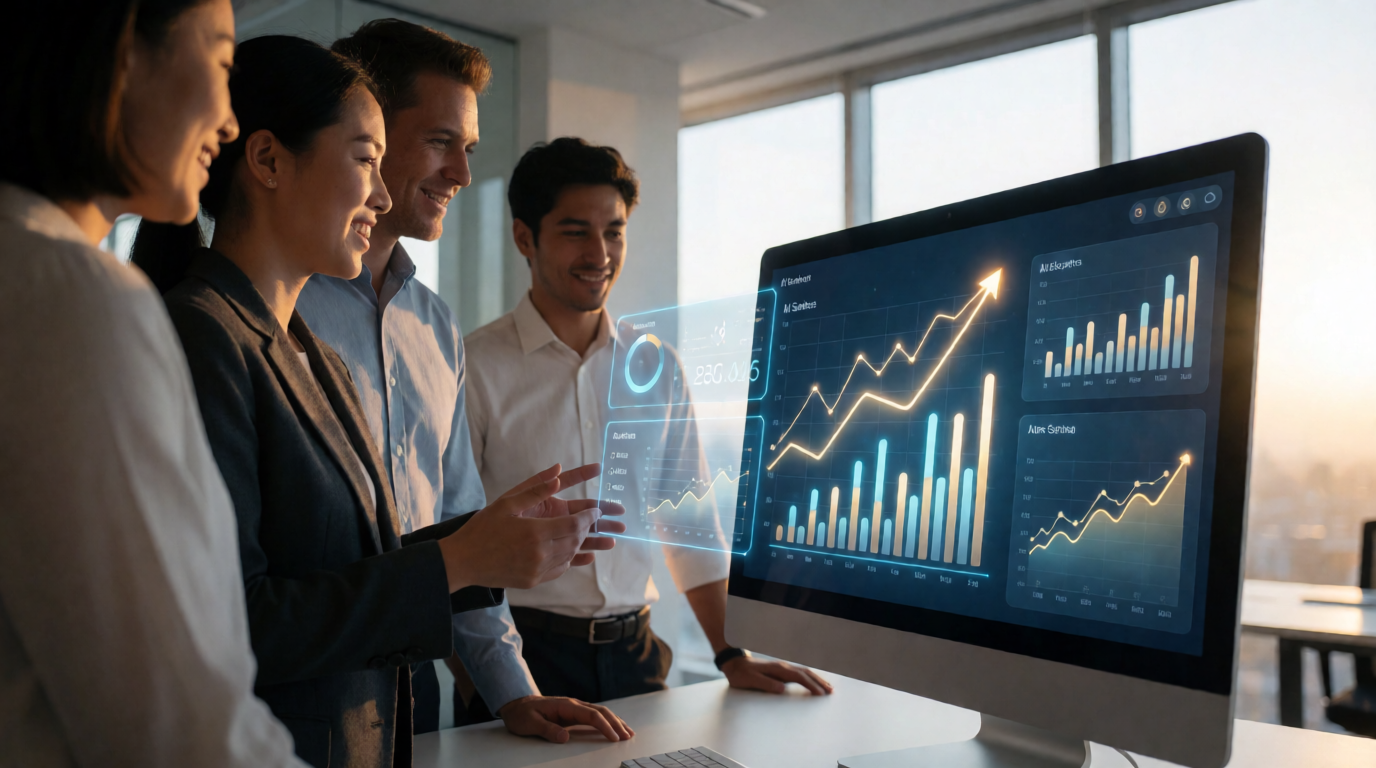 Equipe de negócios analisando painel de vendas com IA