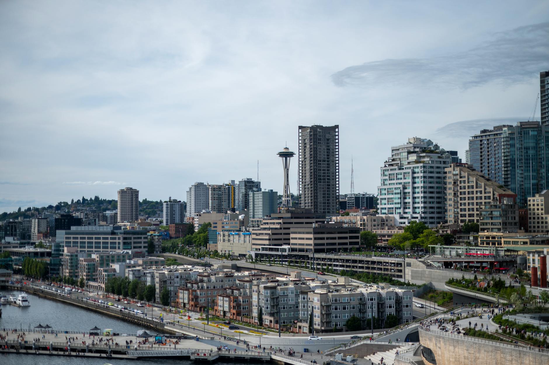 Seattle skyline with professionals in business meeting