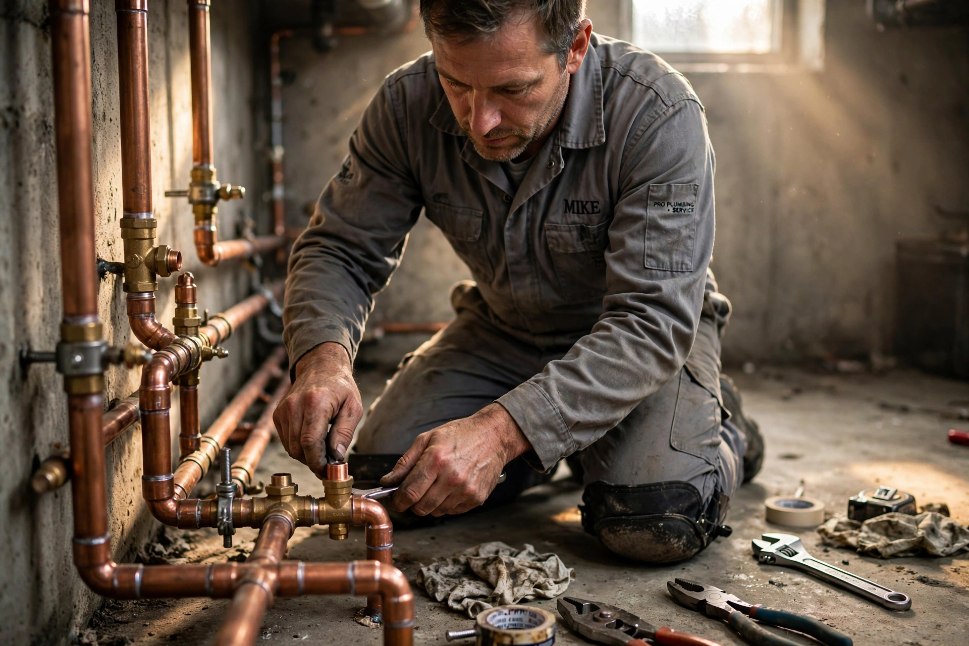 Professional plumber repairing copper pipes in a residential basement