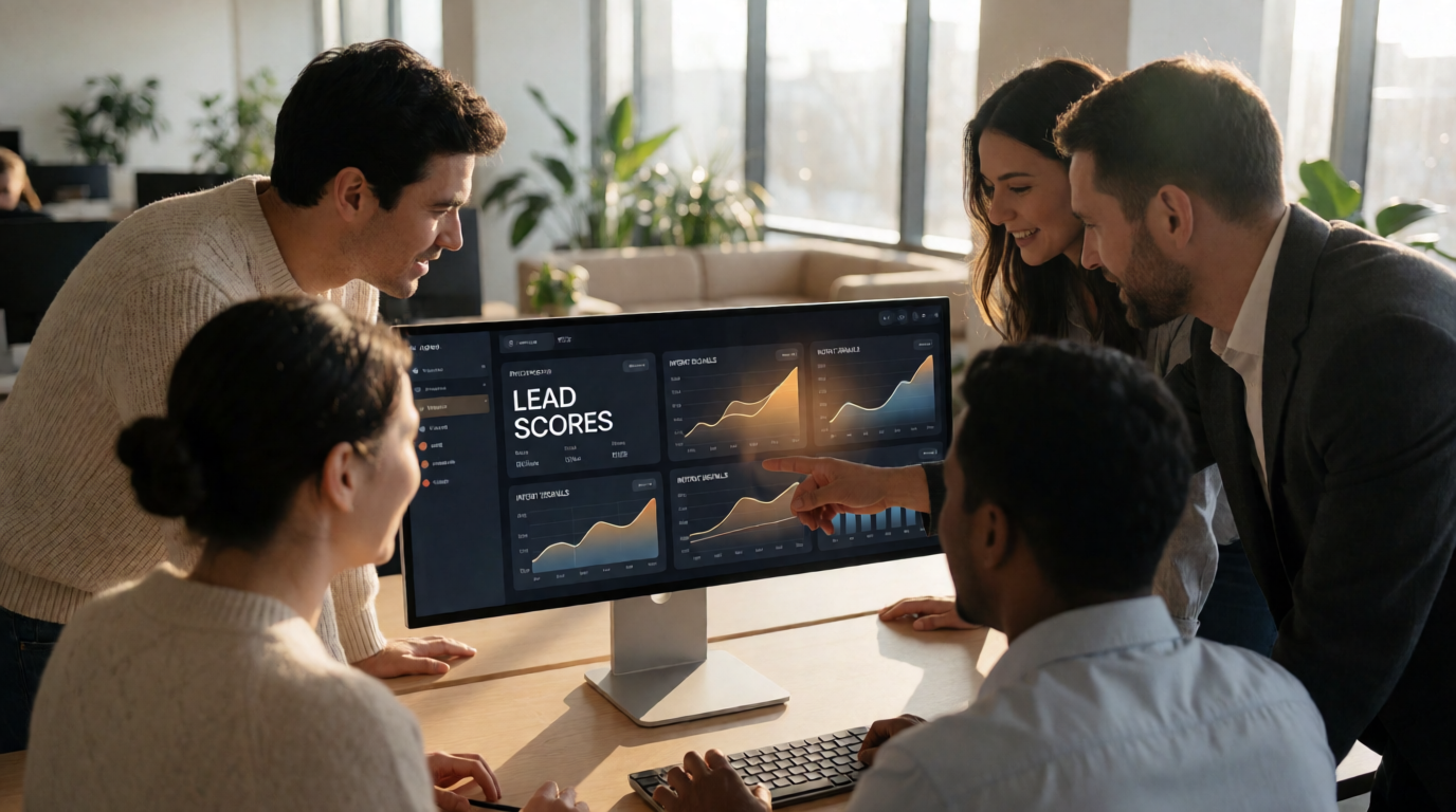 Sales team reviewing intelligence dashboard showing lead scores and intent signals