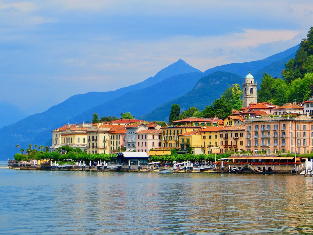 italy, nature, bellagio, port, water, lake como, logo di como, como, lake, landscape, blue, travel, europe, mountain, summer, the water, reflections, sky, blue sky, side