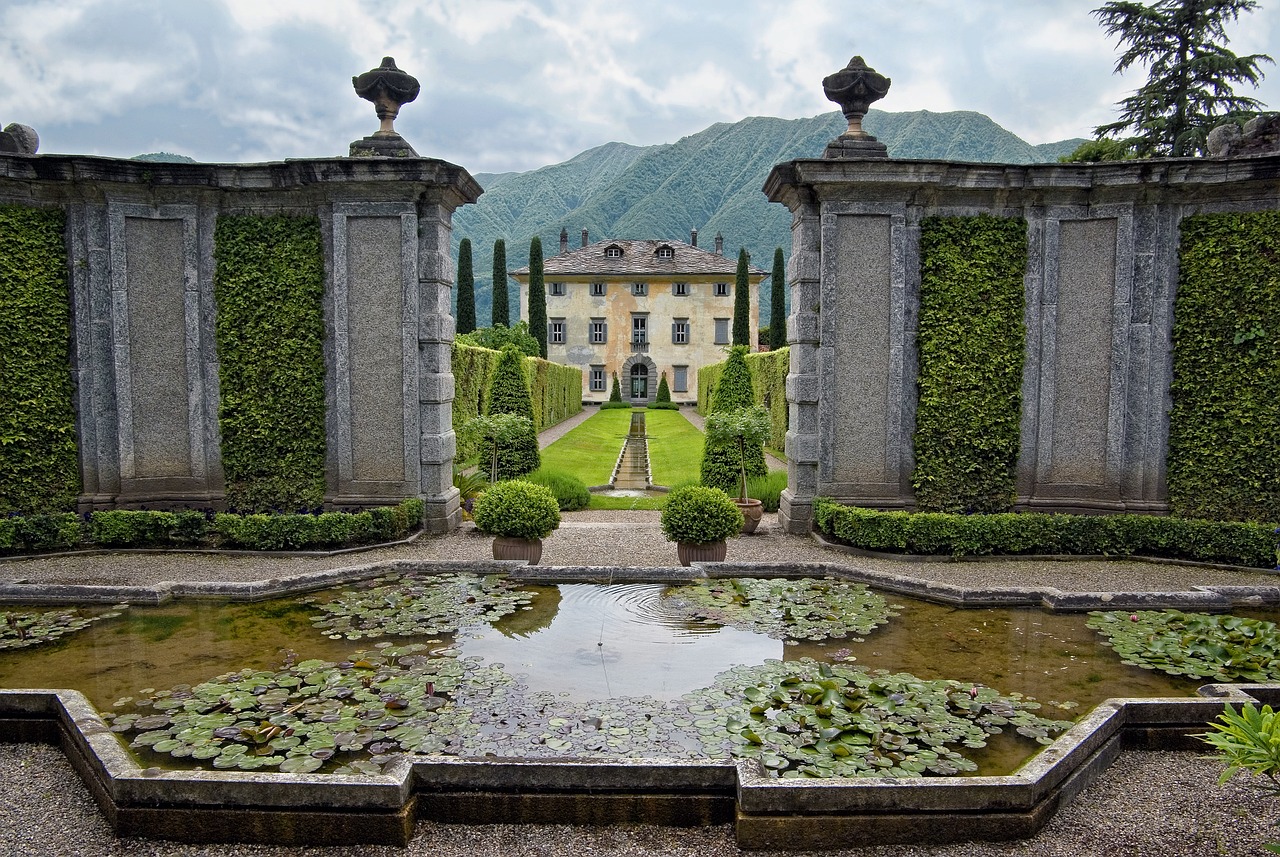 villa balbiano, fontana, garden, water lilies, water lily, architecture, villa, construction, historical building, nature, tourism, cypress trees, lake como, lombardy, italy, point of view