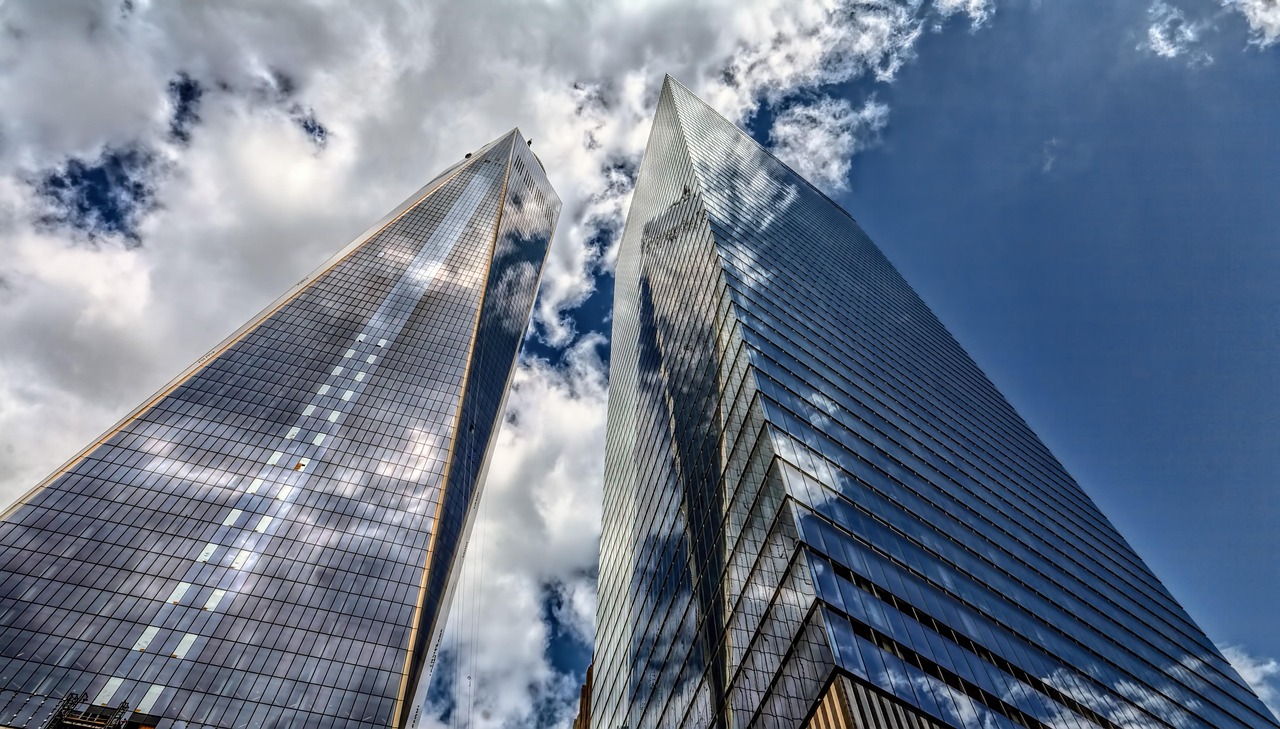 skyscraper, architecture, city, heaven, new york, building, america, manhattan, usa, sightseeing, ny, big apple, clouds, blue, high, nature, glass facade, facade, smooth, modern, window, office building, 1wtc