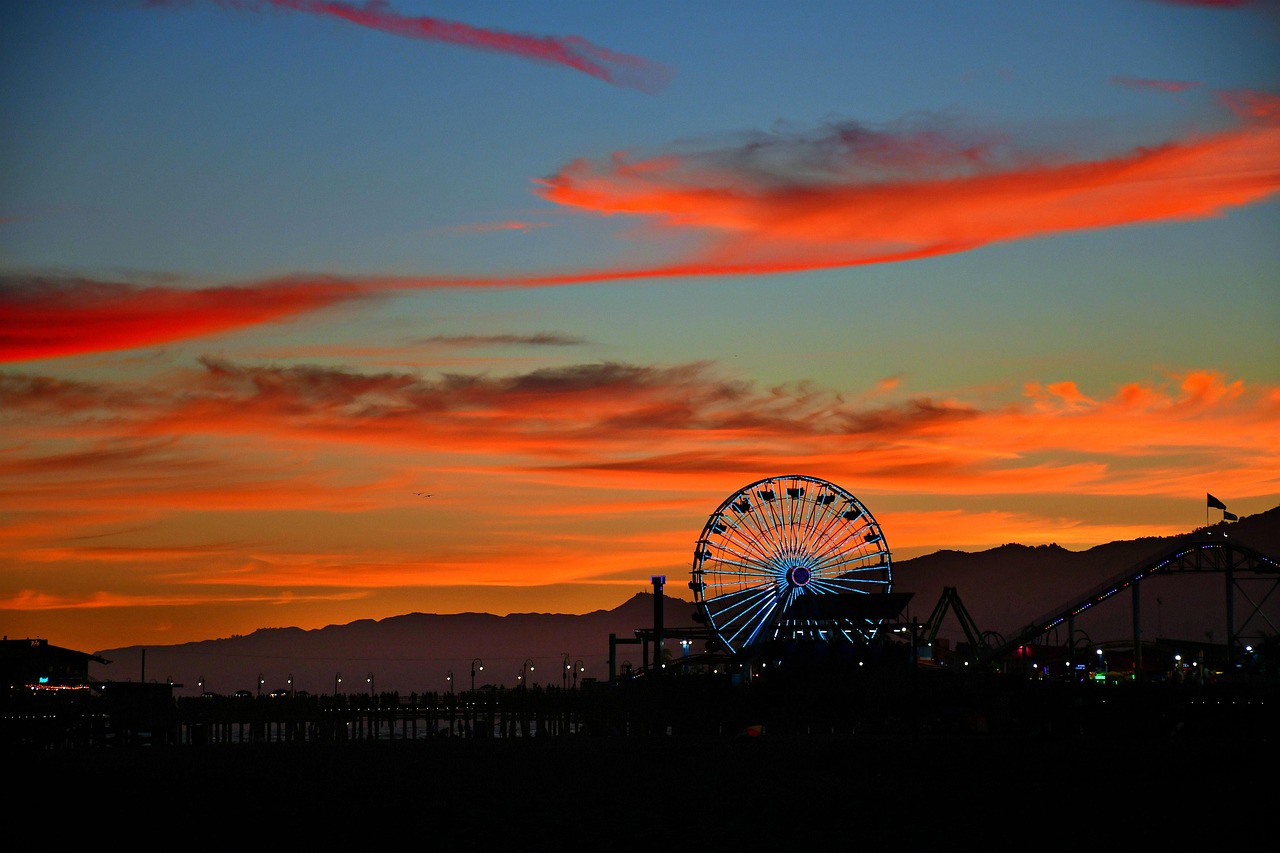 losangeles, santamonica, rollercoaster, usa, california, beach, sunset, santamonicapier, pier, lunapark, merry-go-round, amusement, ride, nature, sky