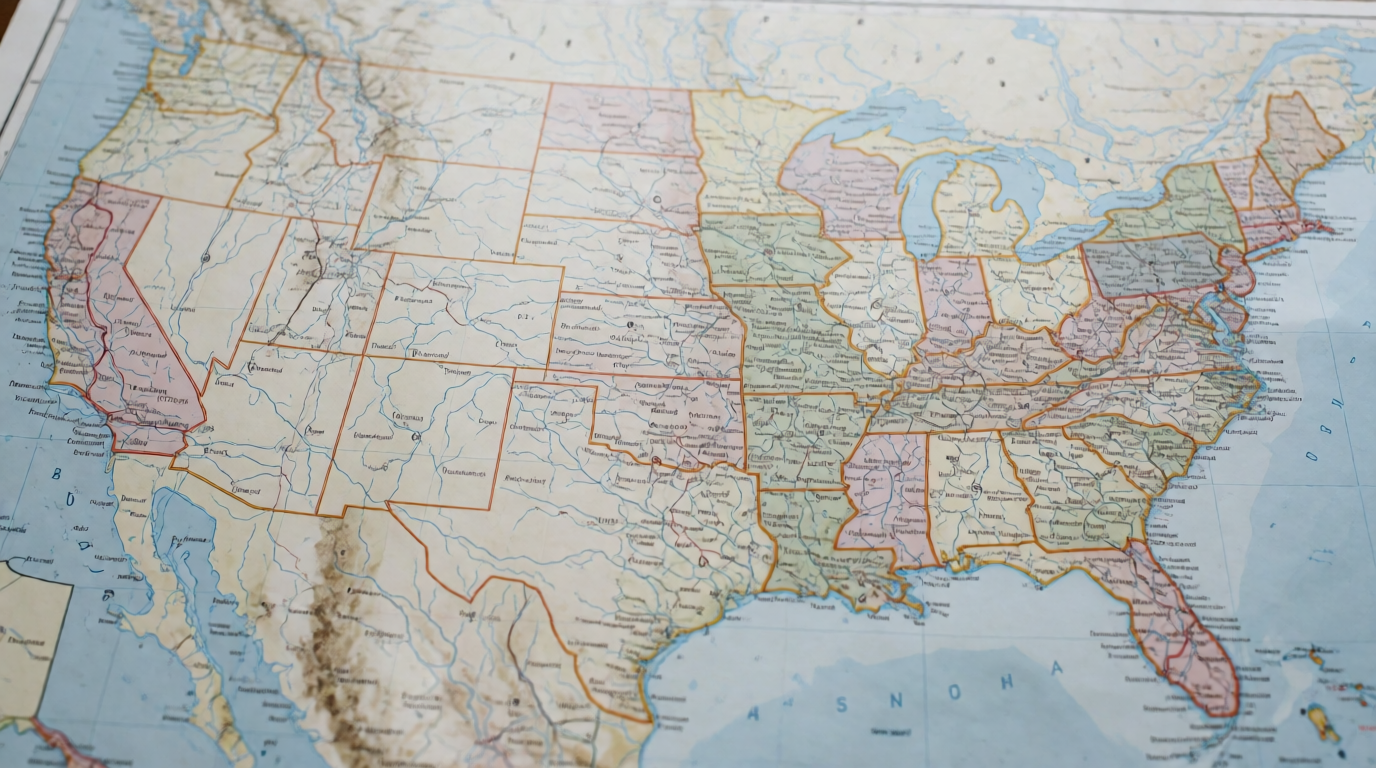 Mapa dos EUA com estados destacados para licença de enfermagem