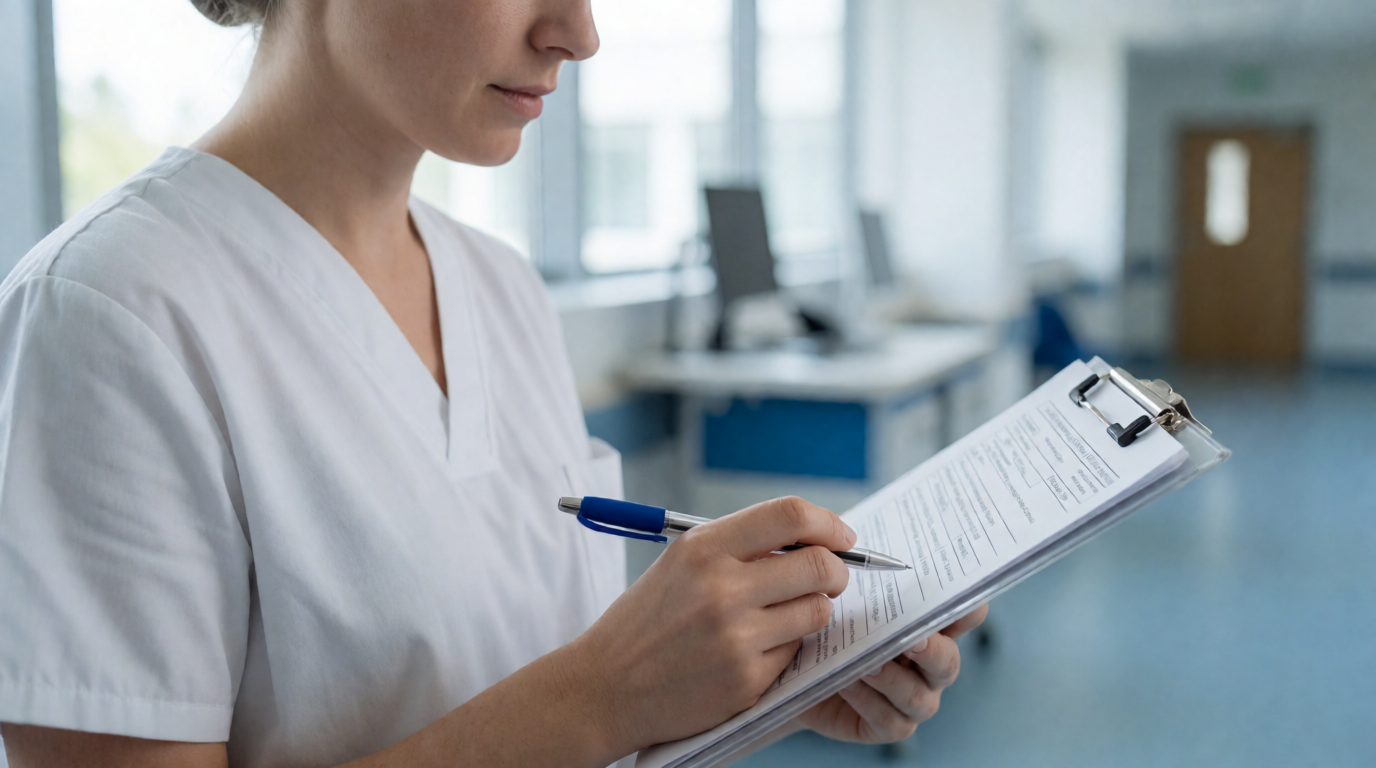 Enfermeira revisando prontuário médico em hospital americano