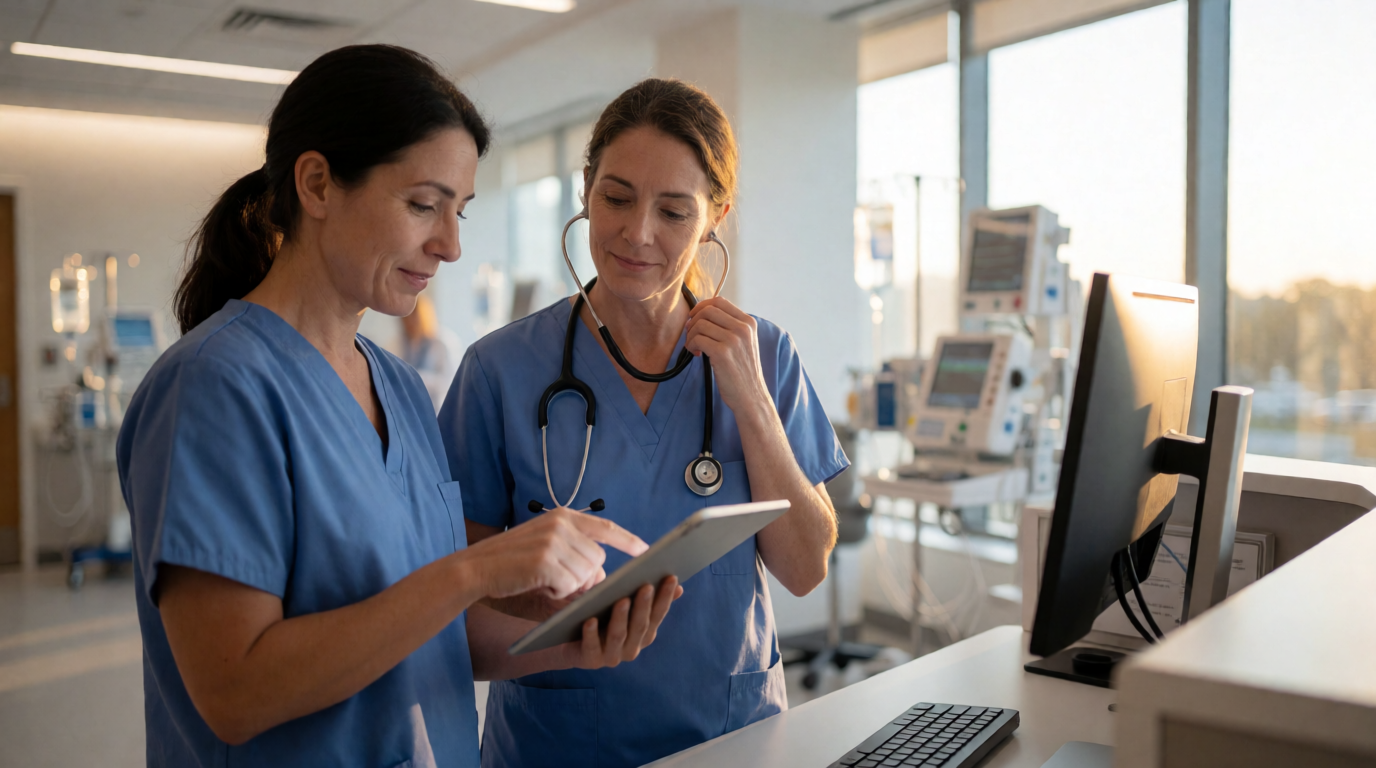 Enfermeiras trabalhando em hospital de alta tecnologia em Delaware